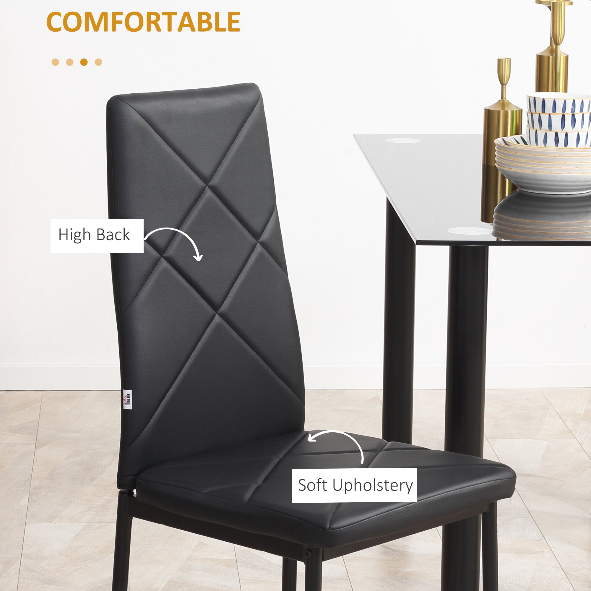 HOMCOM 4-Piece Dining Chair Set Modern High Back Faux Leather Upholstery Steel Legs Black Accent Furniture for Living Room