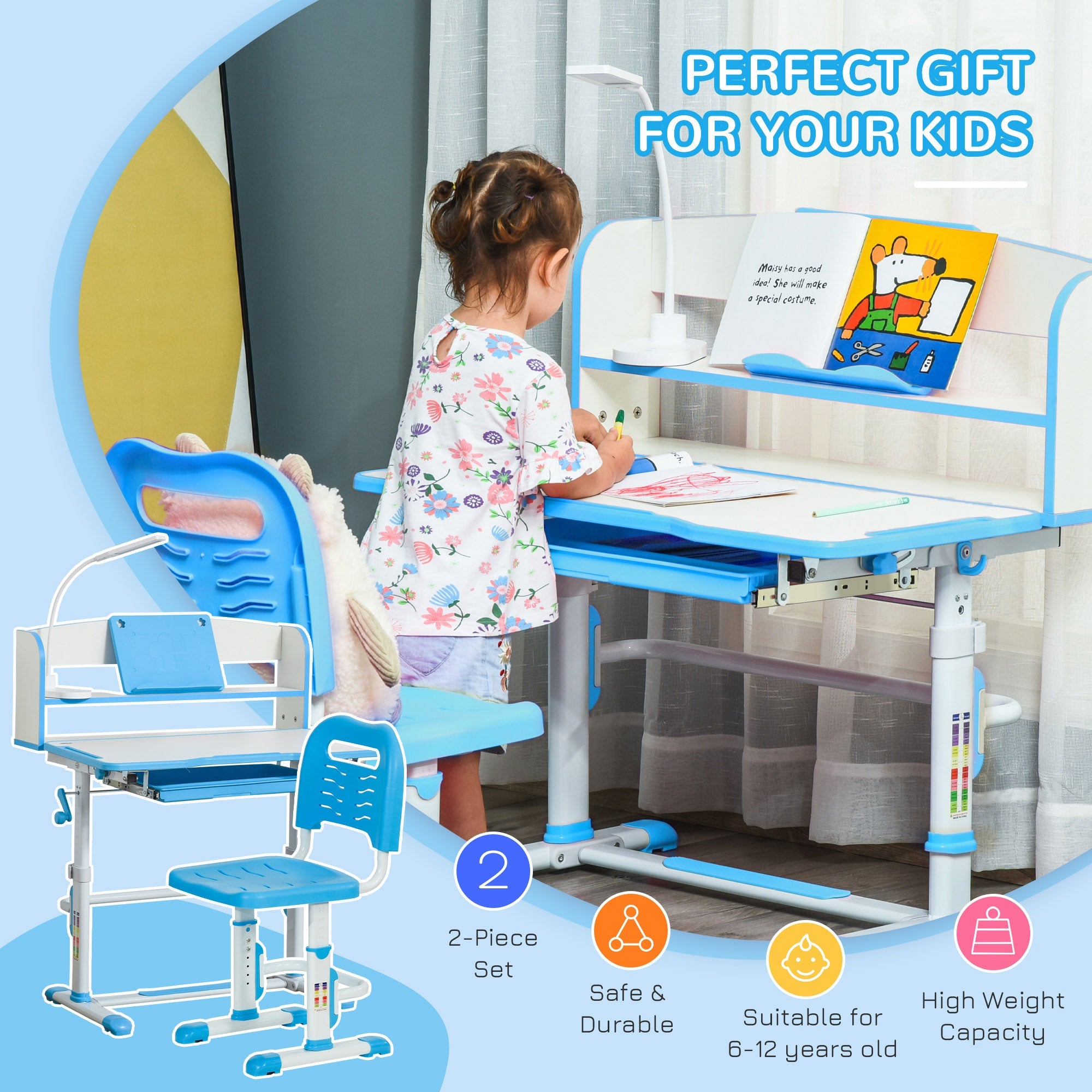 Qaba Kids Adjustable Desk and Chair Set with LED Light Bookshelf Drawer for Student Study Blue