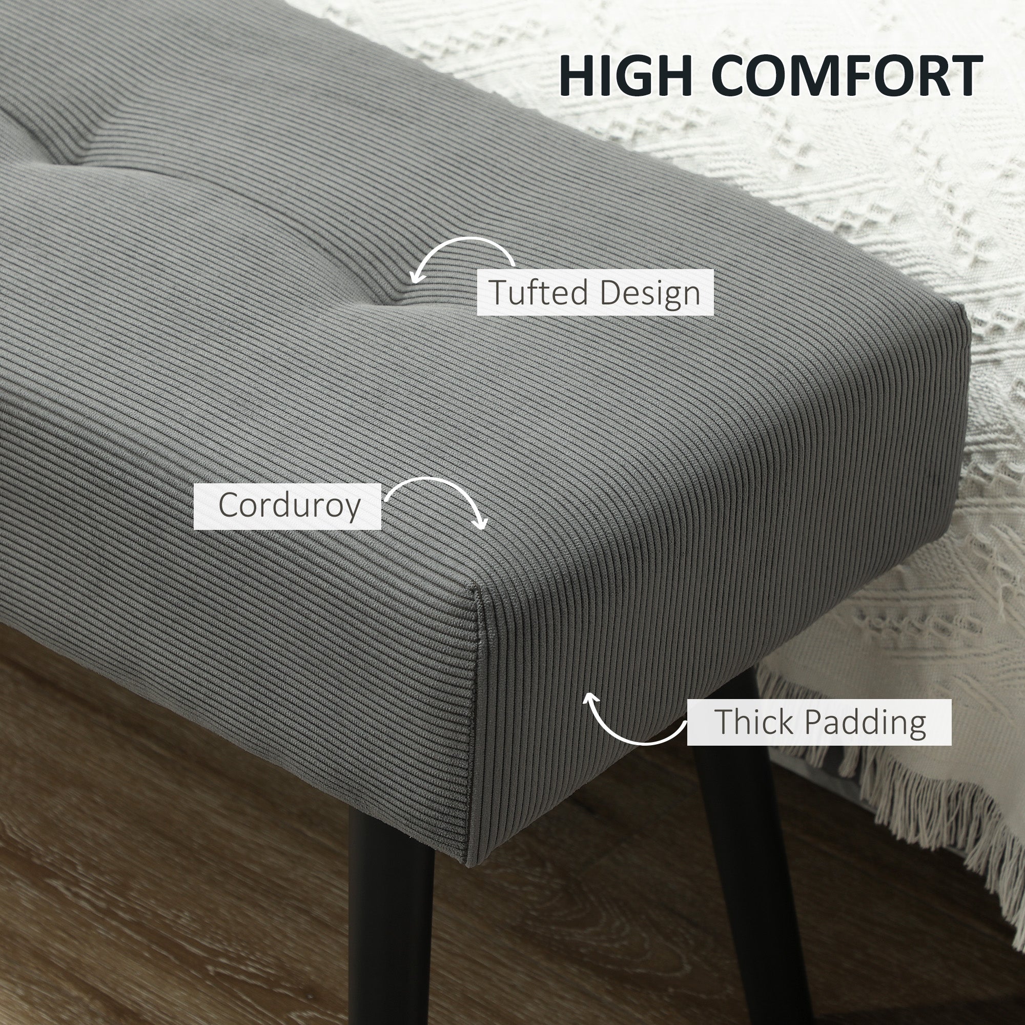 HOMCOM 39" Upholstered Ottoman Bench, Corduroy Entryway Bedroom Bench with Padded Seat and Steel Legs for Bedroom, Grey