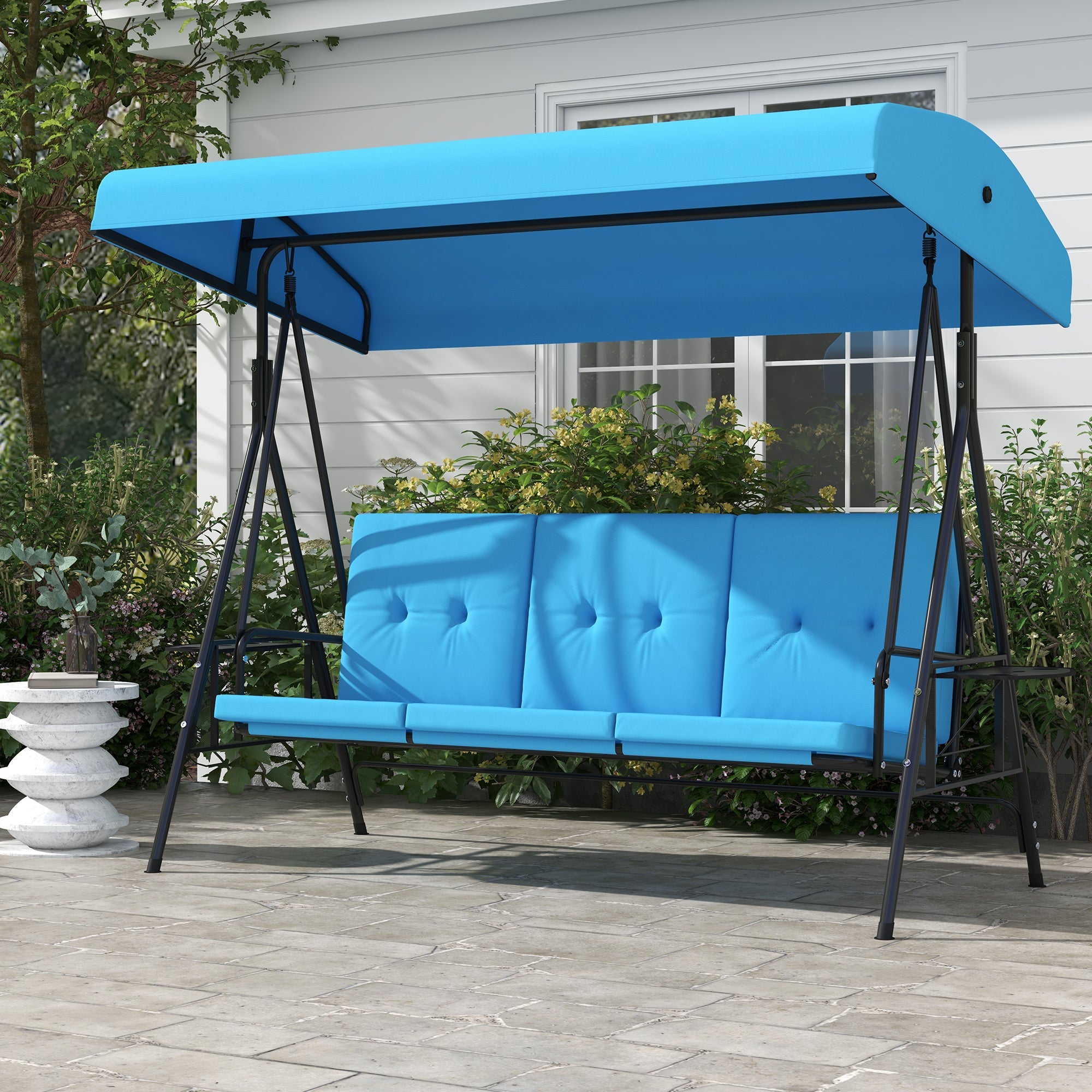 Outsunny 3-Seat Patio Swing with Adjustable Canopy & Side Tray, Outdoor Porch Swing, Removable Blue Cushion for Garden, Poolside