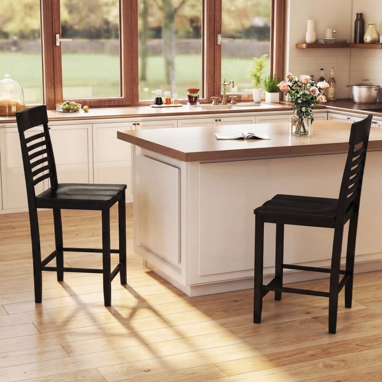 Dining Chair Set of 2 with Footrests and Solid Wood Frame-Black