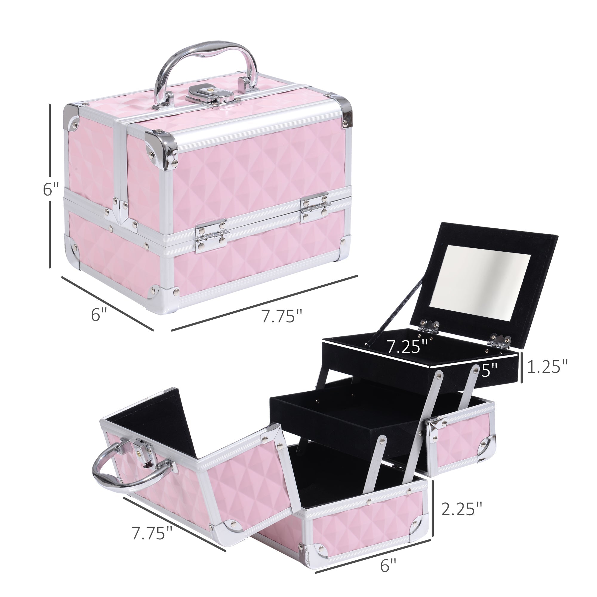 HOMCOM Cosmetic Train Case 3 Tier Diamond Texture Organizer with Mirror Portable Pink 8"x6"x6"