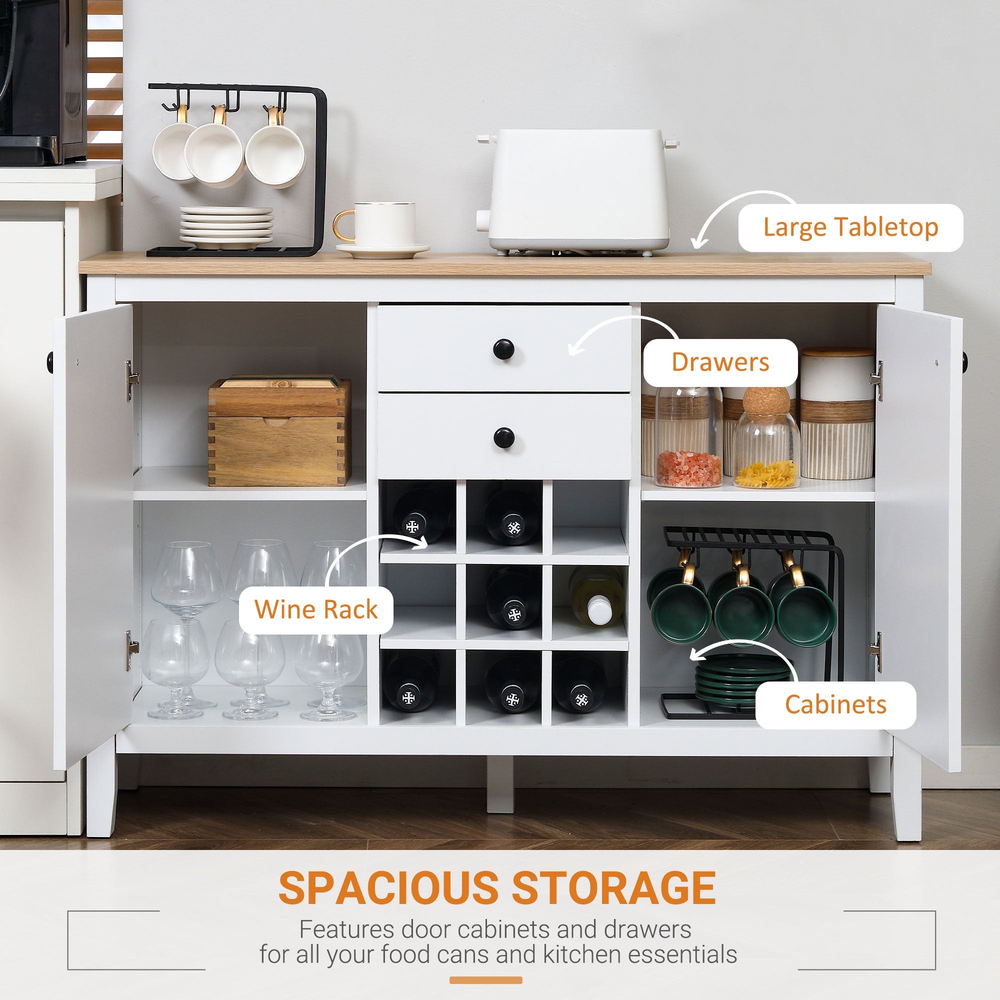 HOMCOM Rustic Buffet Cabinet with Wine Rack: Sideboard with Storage Cabinets, Drawers and Adjustable Shelves for Living Room