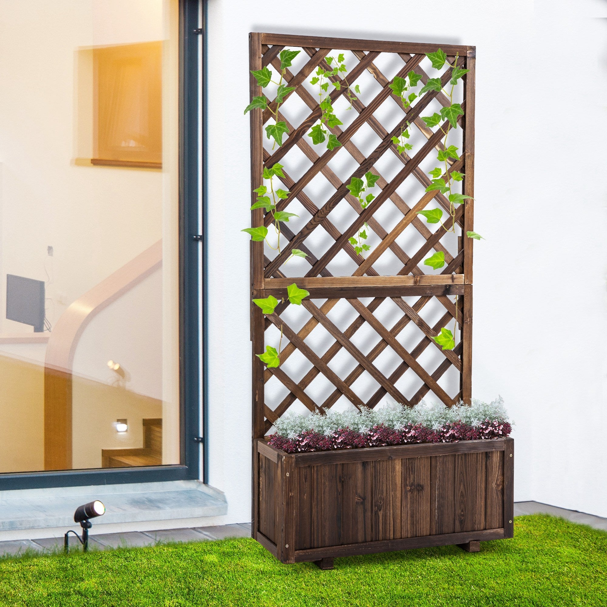 Outsunny Wooden Planter Box with Trellis for Climbing Plants Flower Raised Bed 2.4x1x4.9ft Carbonized