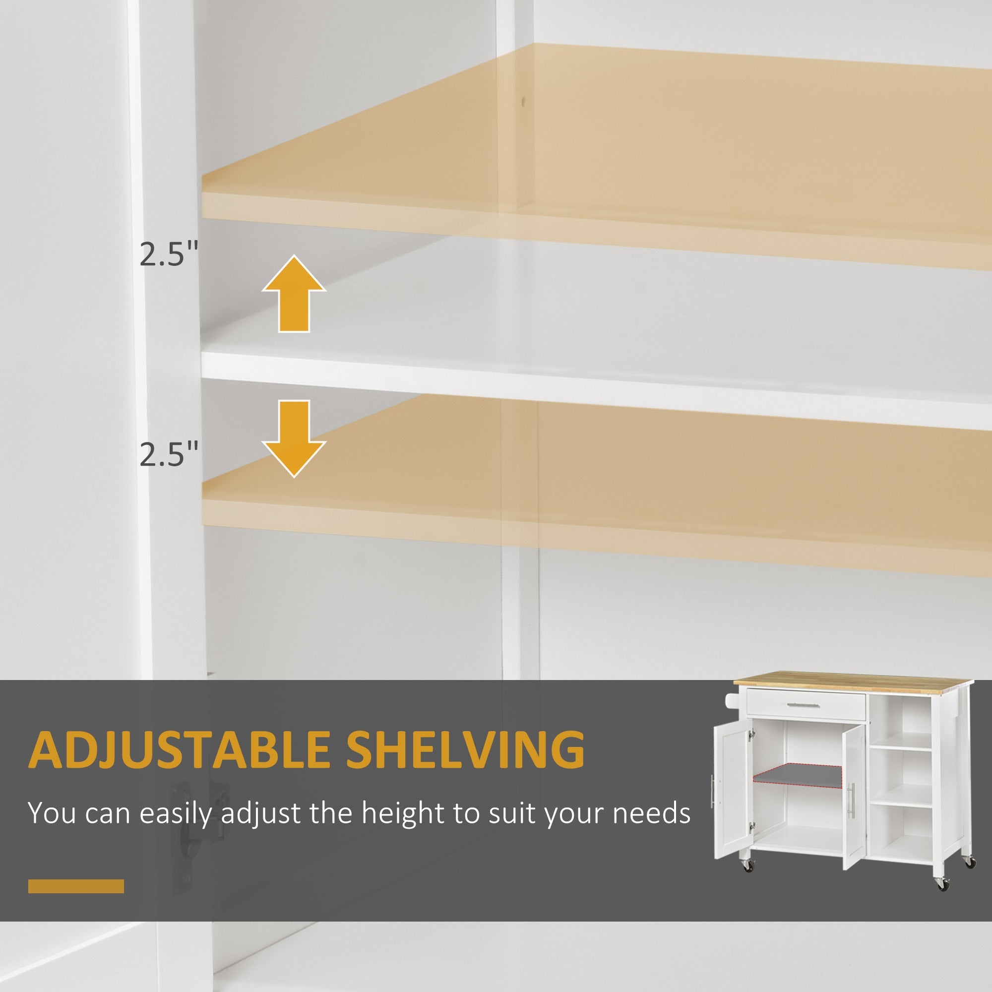 HOMCOM Versatile Valet: Wooden Rolling Kitchen Island with 360° Swivel Wheels, Dining Cart with Drawer, White Finish