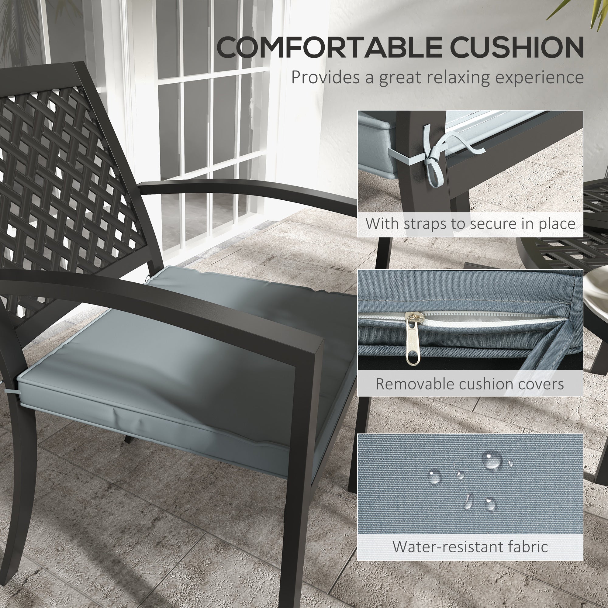 Outsunny 5-Piece Outdoor Dining Set with 4 Stackable Cushioned Armchairs,Umbrella Hole Metal Plate Table, for Deck Grey