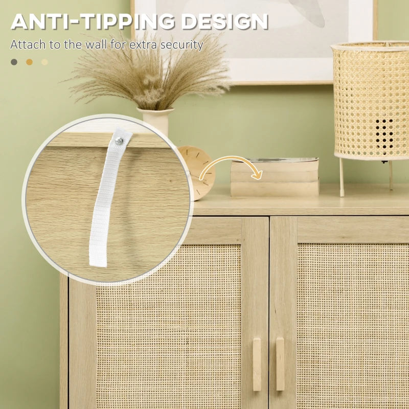 Wood Sideboard Accent Storage Cabinet with 2 Rattan Doors, Adjustable Shelf, and Steel Legs for Living Room Kitchen