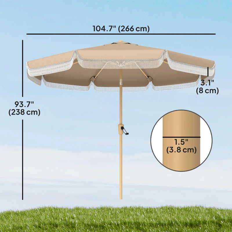 9 ft Patio Umbrella with Push Button Tilt and Crank, Fringed Outdoor Market Table Umbrella Parasol, Khaki