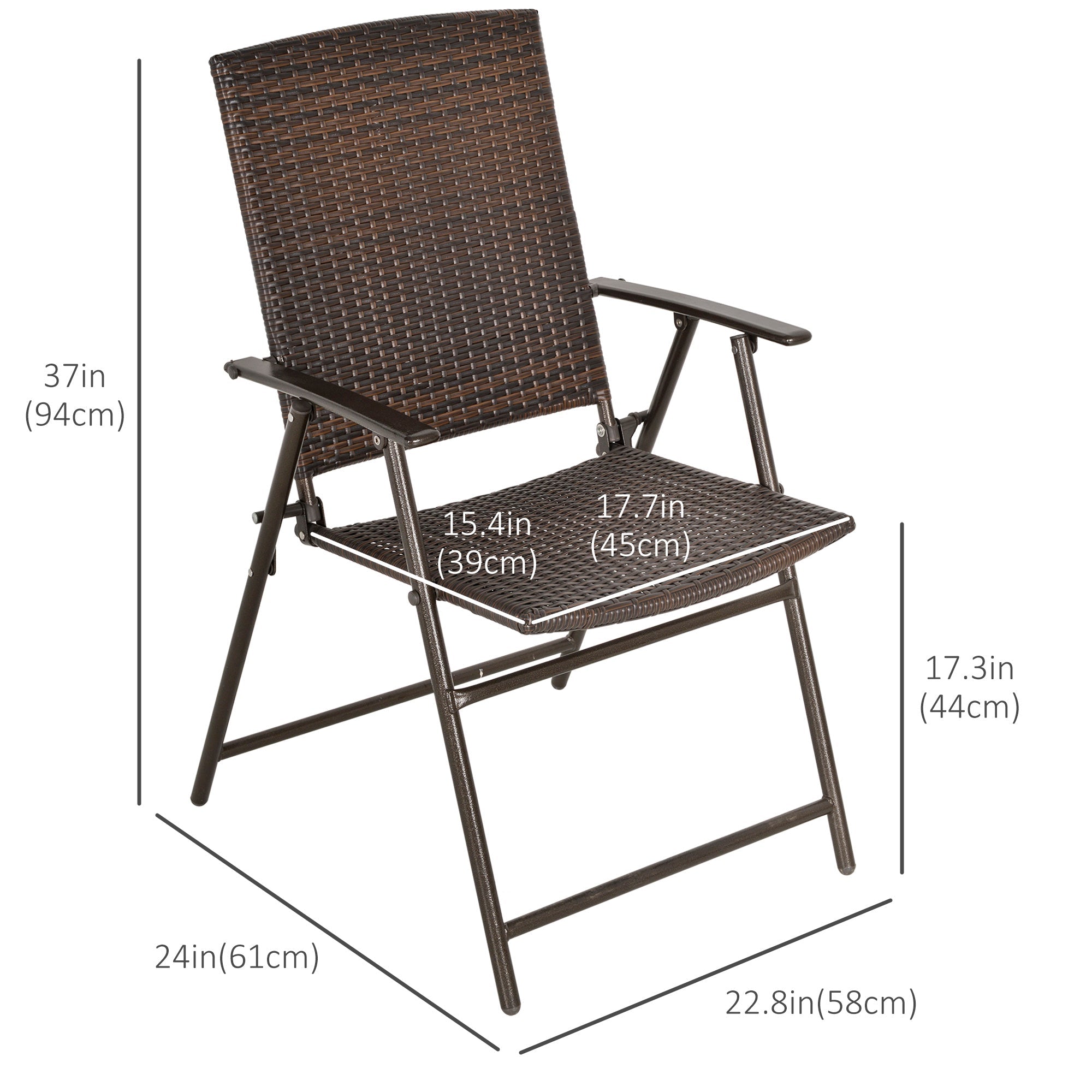 Outsunny Brown Rattan Outdoor Wicker Dining Chair Set of 2 Foldable with Steel Frame for Garden Backyard Porch