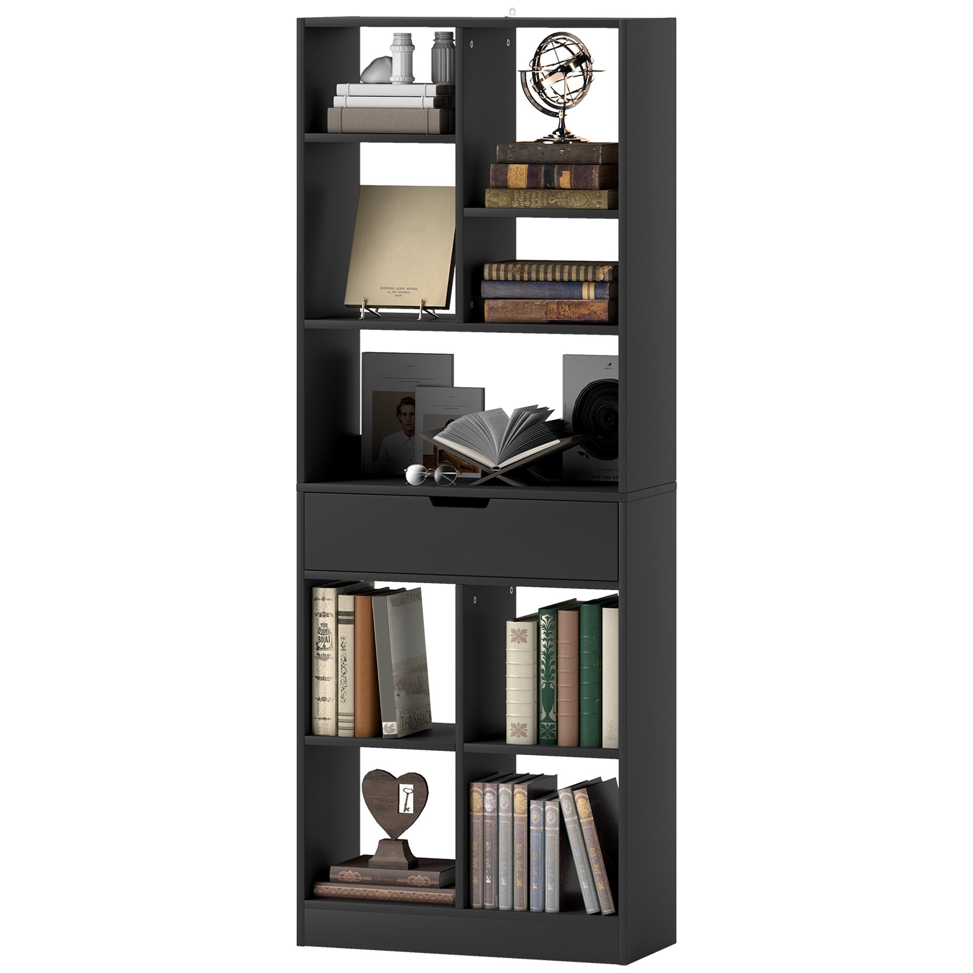 HOMCOM Tall Bookshelf with Drawer, Freestanding Bookcase for Bedroom, Living Room, Home Office, Black