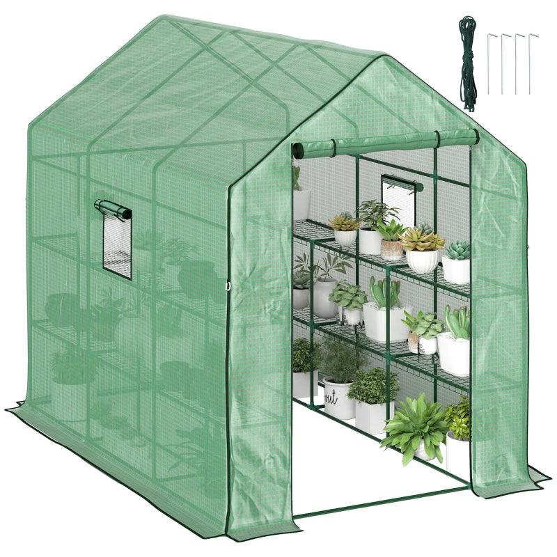 Walk-in Greenhouse with 3 Tier, Garden Plant Growhouse with Roll-up Door and Mesh Windows, 140 x 213 x 190 cm, Green