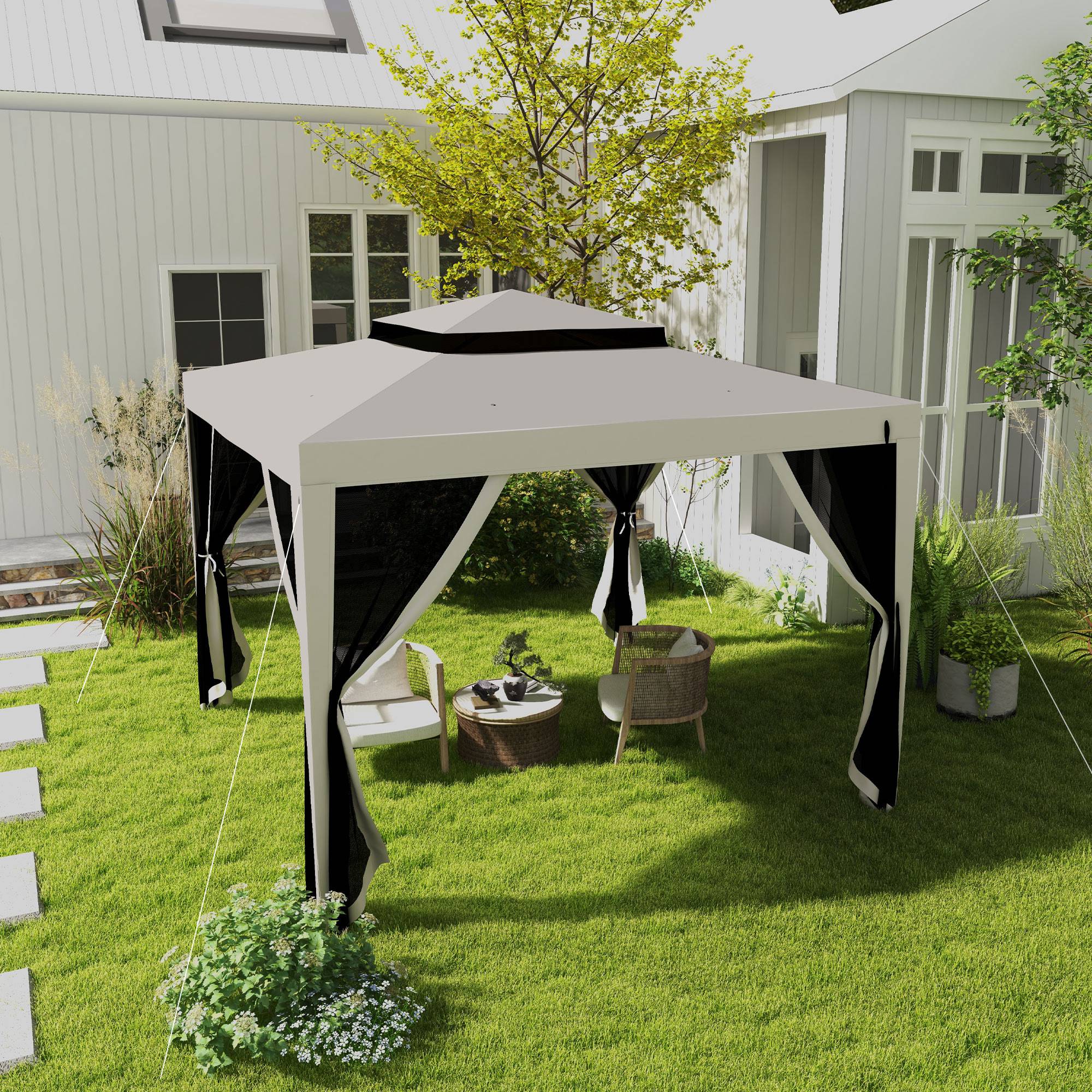 Outsunny 10' x 10' Outdoor Canopy Tent Party Tent with Mesh Netting and Double Tier Roof for Backyard, Garden, Patio, Cream White