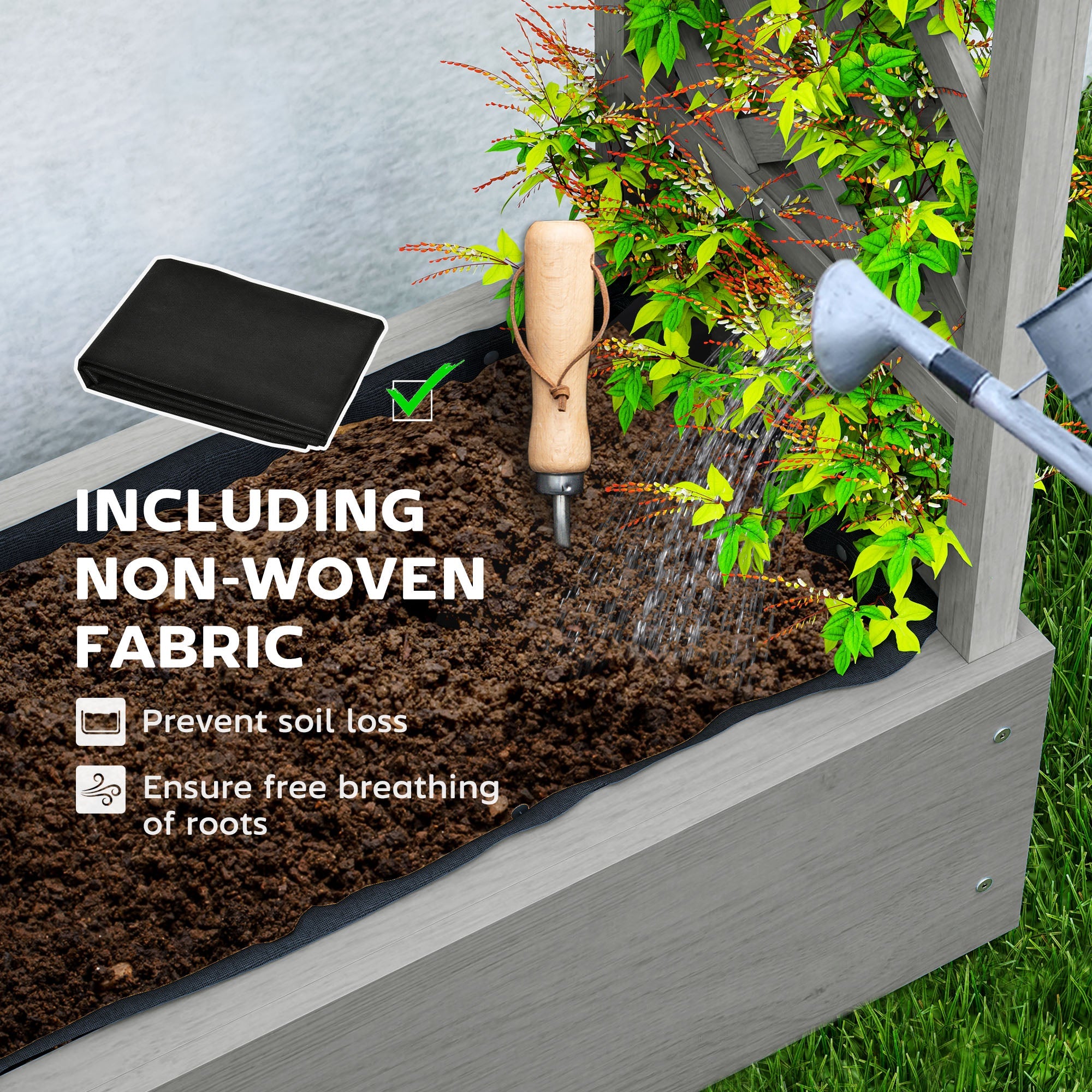 Outsunny Wooden Raised Garden Bed with Trellis, Outdoor Planter Box with Hanging Roof, Drainage Holes and Bed Liner