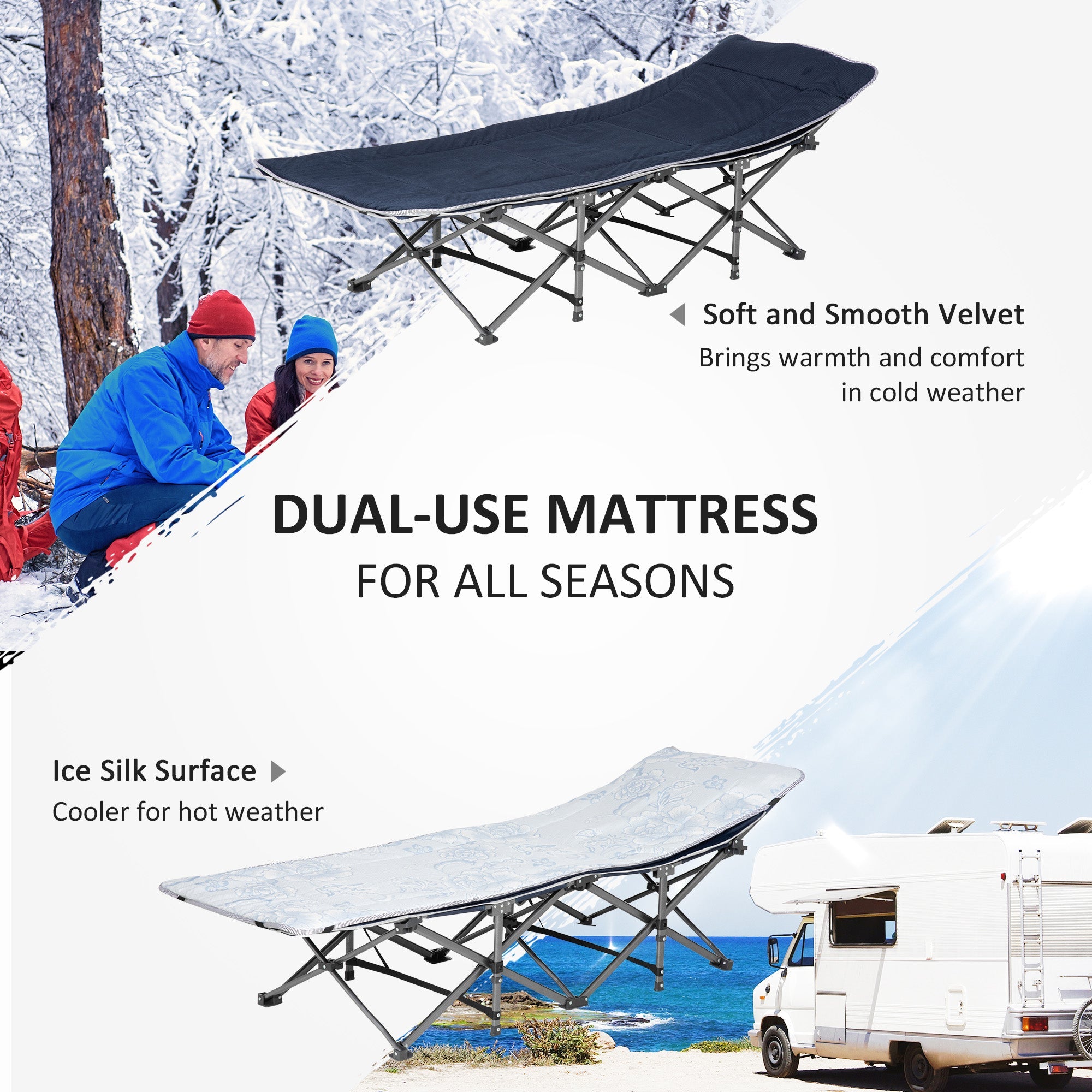 Outsunny Folding Camping Cot for Adults with Mattress Pillow Double Layer Oxford Heavy Duty Sleeping Cot Carry Bag Blue