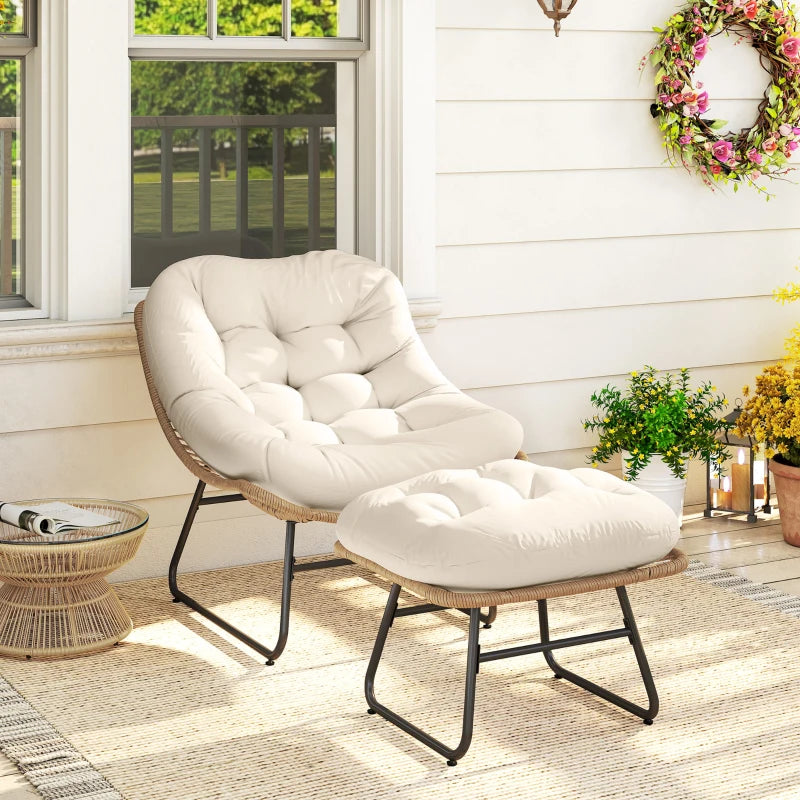 Rattan Chair w/ Stool, Cushion, Adjustable Foot Pads, Natural