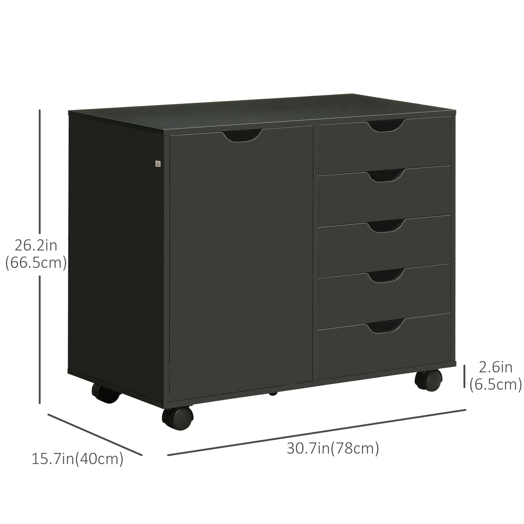 HOMCOM Modern Mobile 5-Drawer Chest with Door, Storage Cabinet, Dresser on Wheels, Printer Stand for Home Office, Black