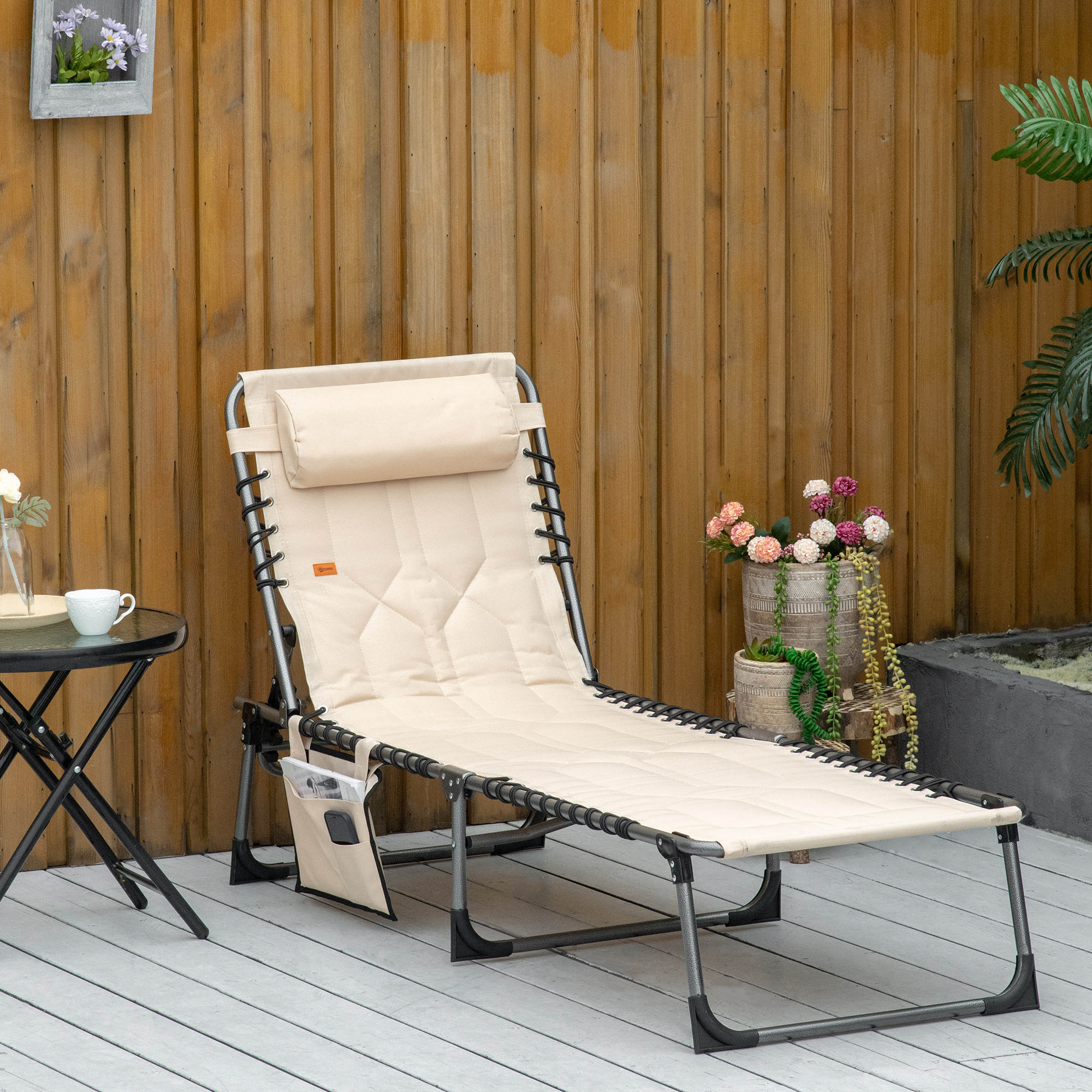 Outsunny Outdoor Folding Chaise Lounge Chair Padded Recliner 5-Position Adjustable Backrest Beige