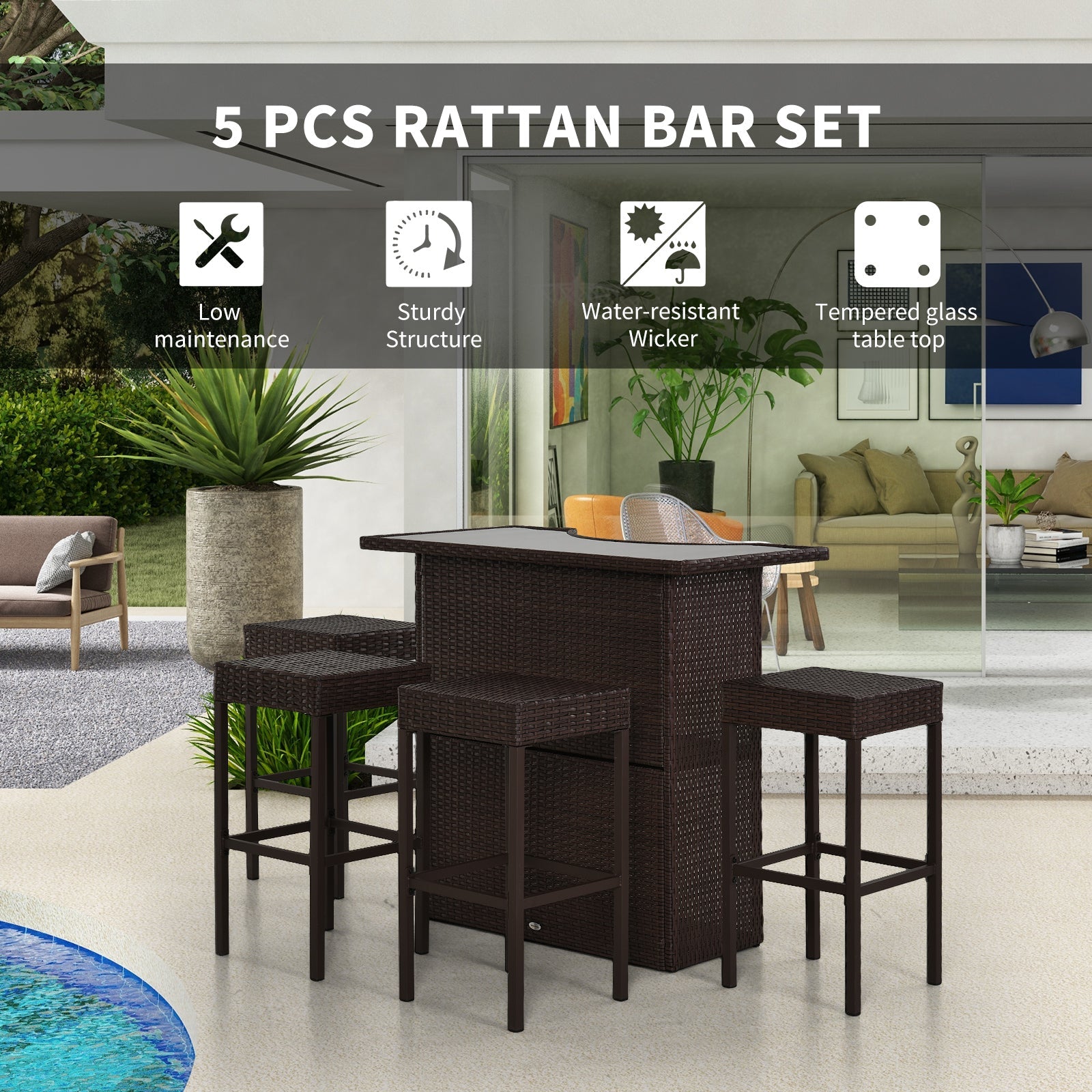 Outsunny Patio Bar Set 5PC Rattan Bistro Set Garden Wicker Barstool and Table Outdoor Dinning Set Dark Brown