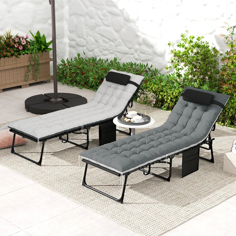 Outdoor Lounge Chair Set of 2, Folding Chaise Lounge Tanning Chair with Cushion, Side Pocket, Black/Grey