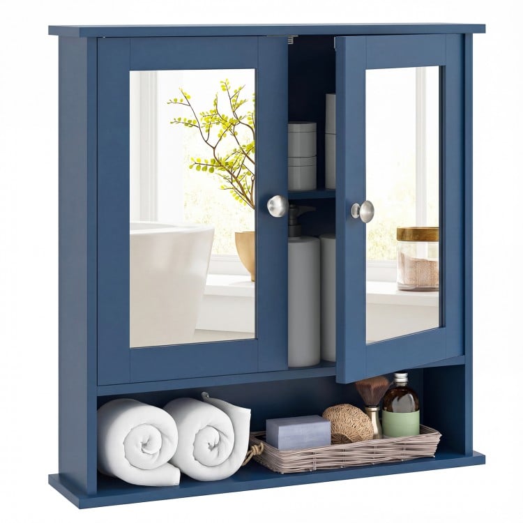 Double Door Wall-Mounted Bathroom Mirror Cabinet with Storage Shelf-Blue
