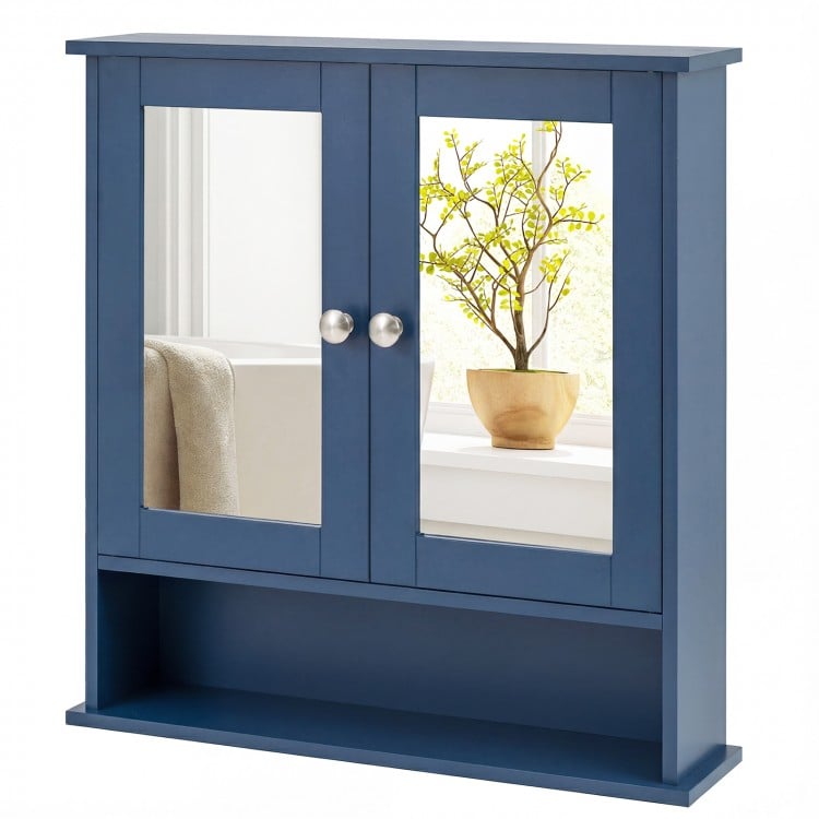 Double Door Wall-Mounted Bathroom Mirror Cabinet with Storage Shelf-Blue