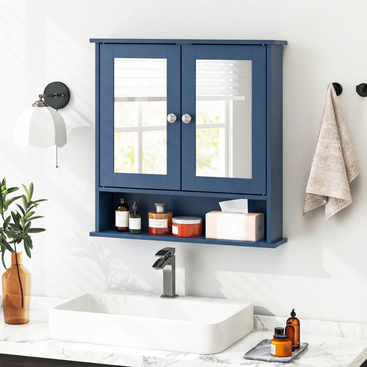 Double Door Wall-Mounted Bathroom Mirror Cabinet with Storage Shelf-Blue