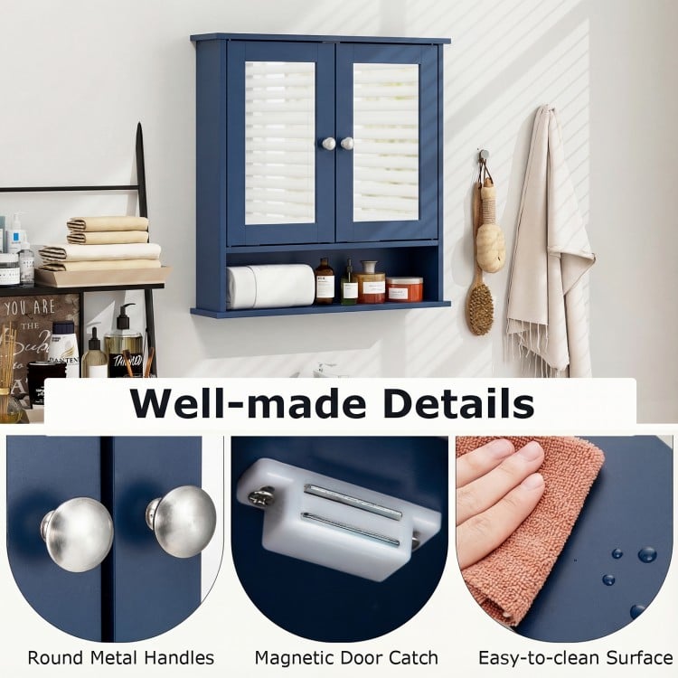 Double Door Wall-Mounted Bathroom Mirror Cabinet with Storage Shelf-Blue