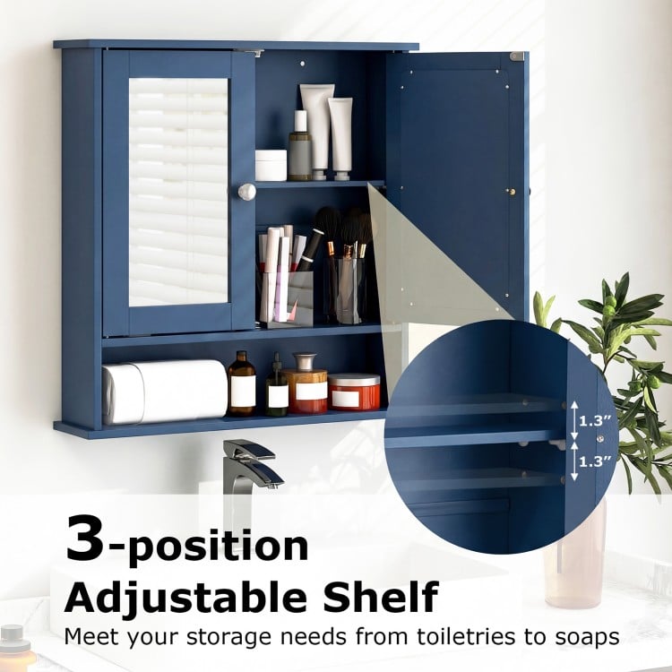 Double Door Wall-Mounted Bathroom Mirror Cabinet with Storage Shelf-Blue