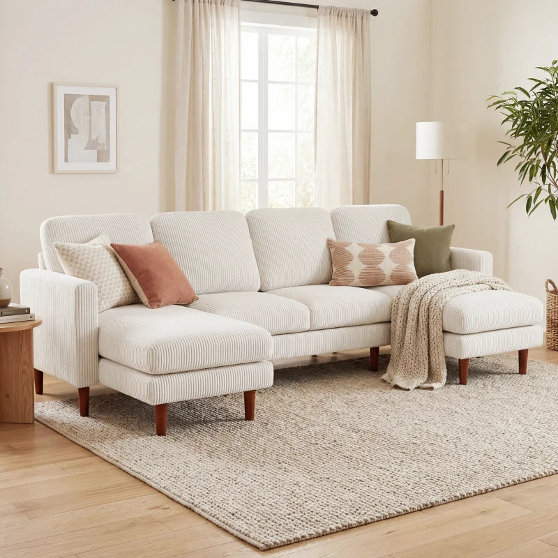 🛋️ U-Shaped Corduroy Sectional Sofa – Double Chaise (Beige)