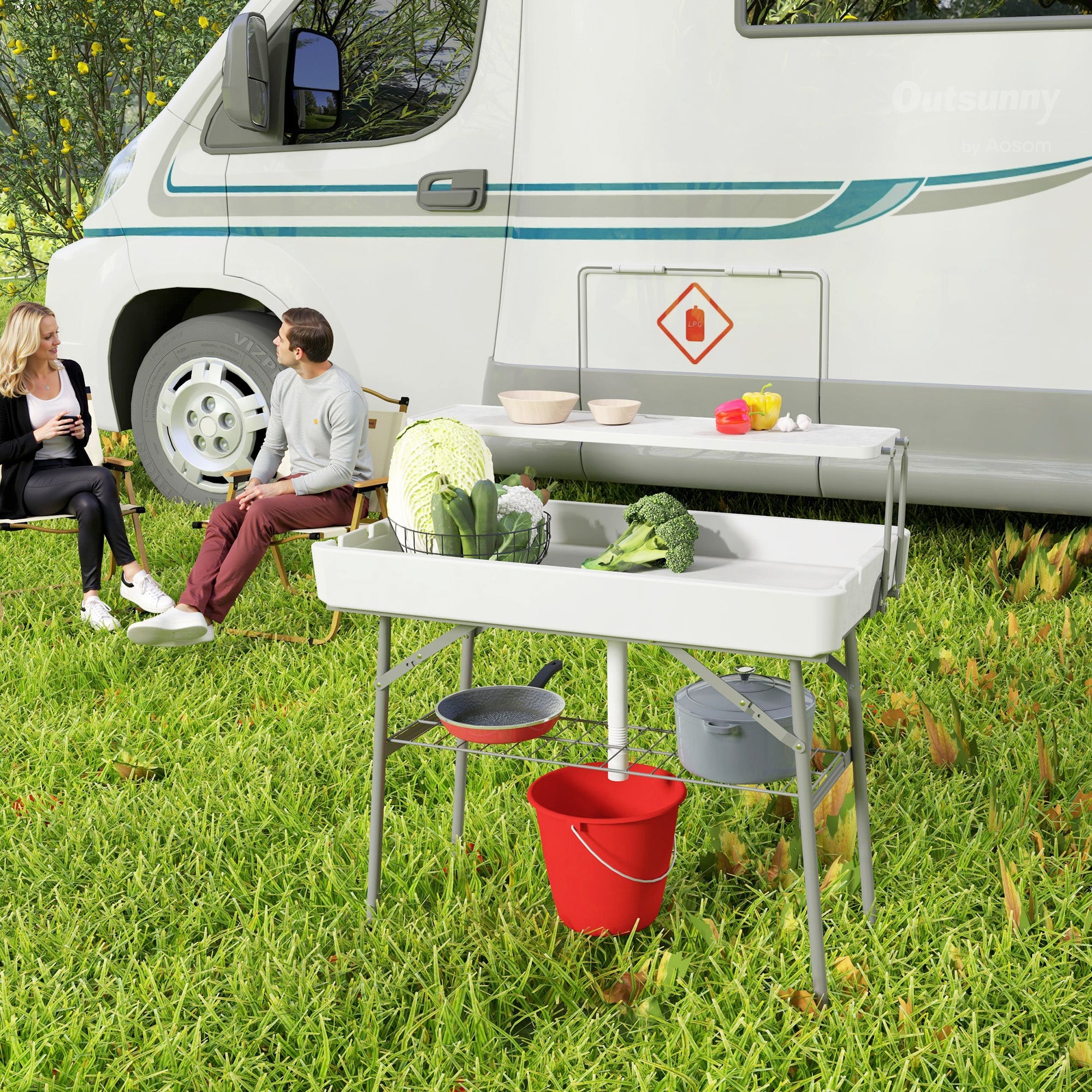 Outsunny 3.5ft Folding Ice Cooler Table with Drain, 2-Tier Party Cooler Table Outdoor Cooler Table with Shelf, Patio Cooler Table for Party Picnic BBQ Camping Wedding, White