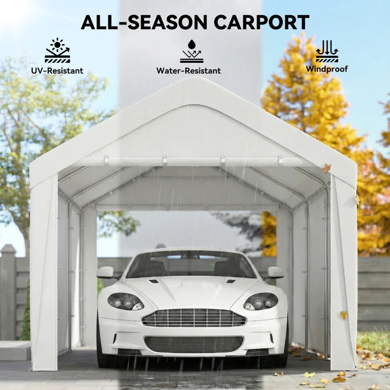 Carport, 10 x 20 ft Portable Garage with 2 Roll-Up Doors and Removable Sidewalls for Car, Truck, Boat, White