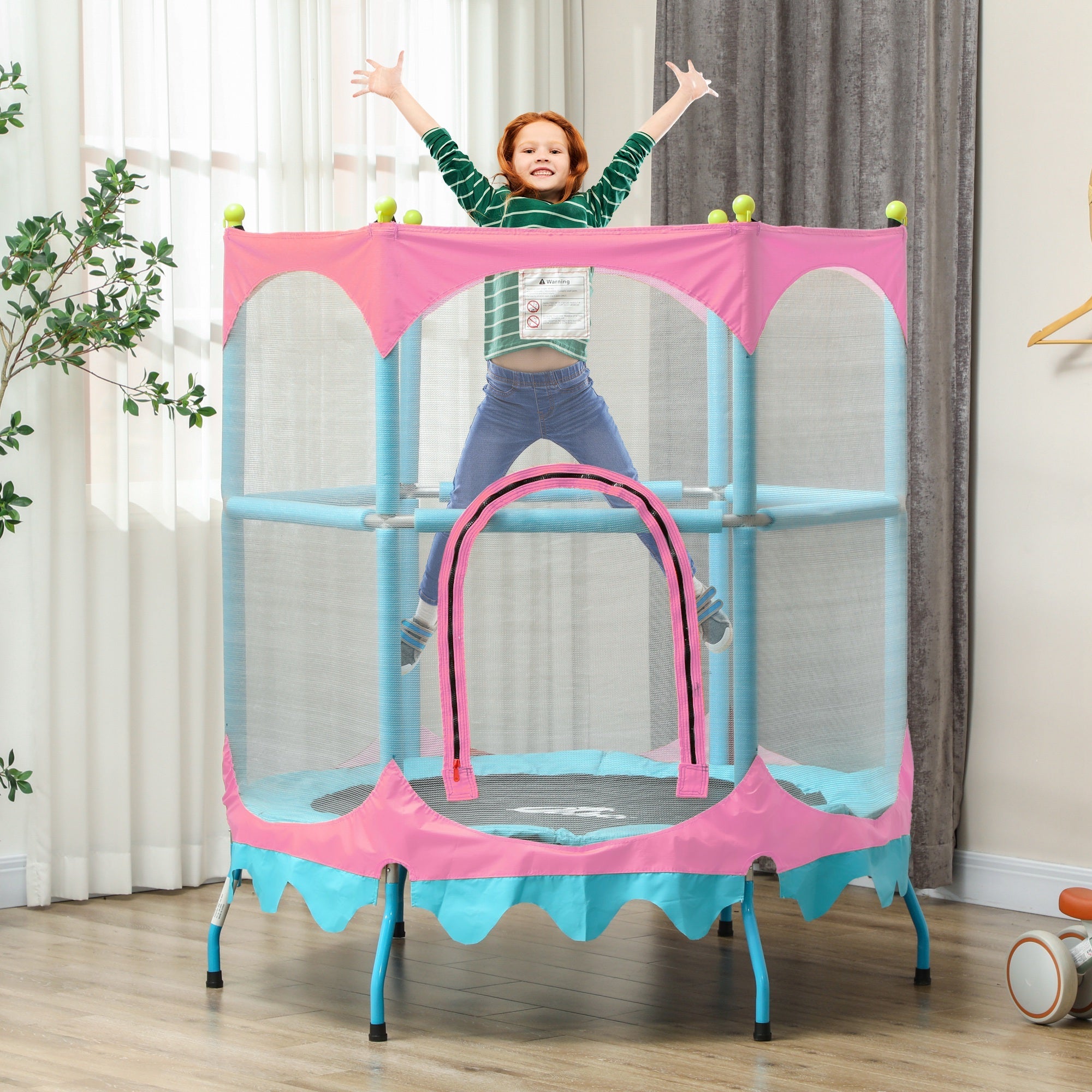 Qaba Trampoline for Kids, 4.6FT Mini Toddler Trampoline Indoor Outdoor with Handlebar, Safety Enclosure Net, Pink