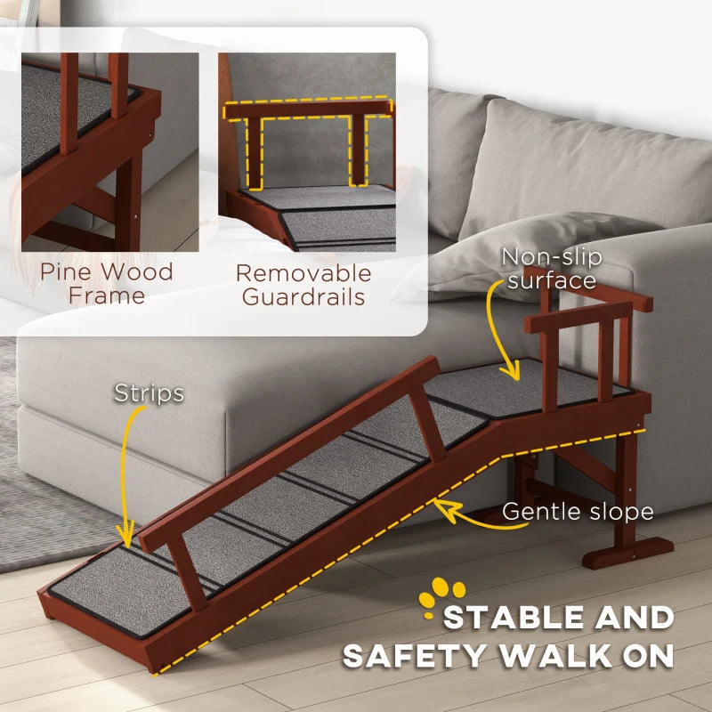 Wooden Dog Ramp for Large Dogs, 49" Long, with Non-slip Rug, Removable Guardrails for Couch, Bed, Brown