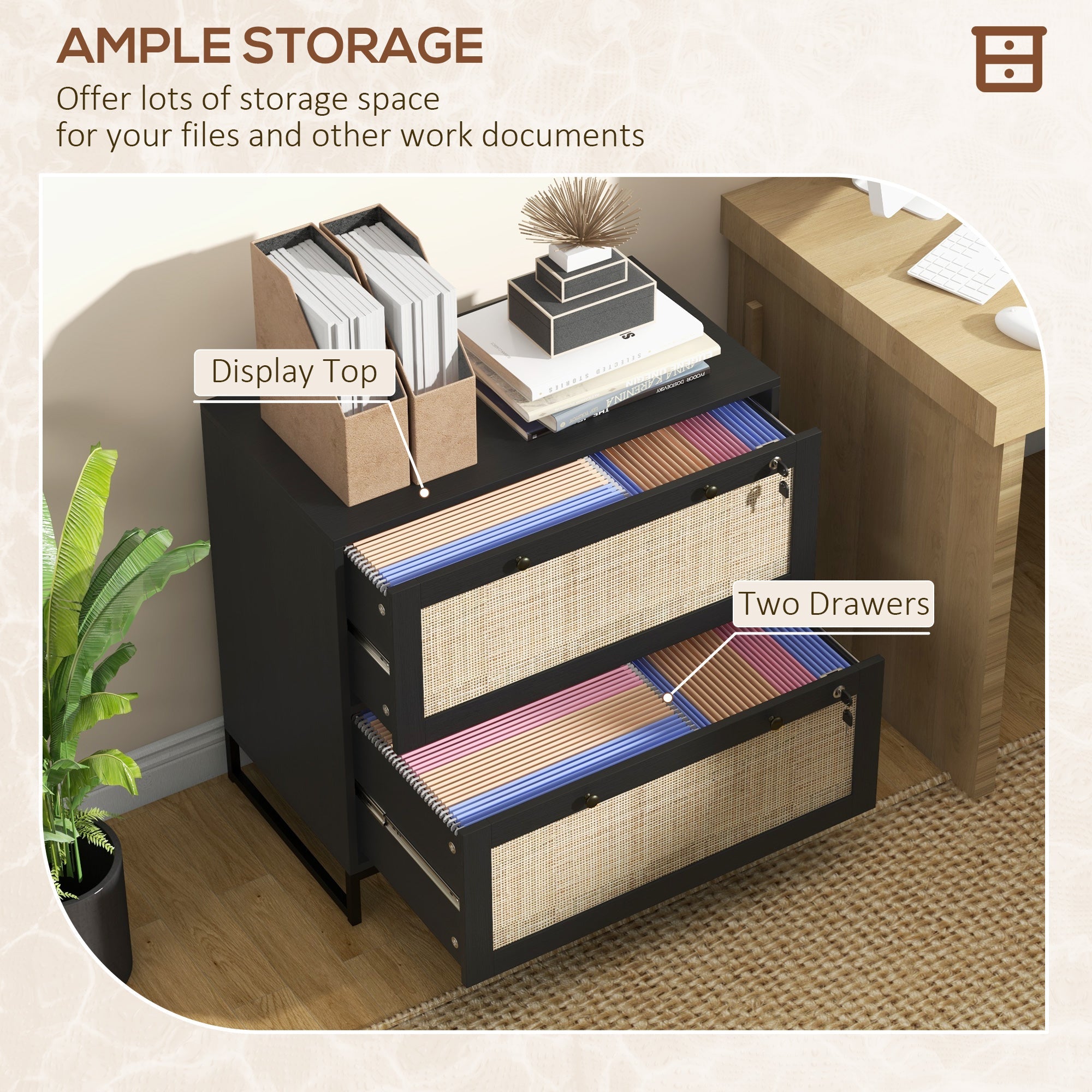 Vinsetto Boho Lockable 2 Drawer File Cabinet Adjustable Bar for Letter A4 Legal Size Black Office Storage