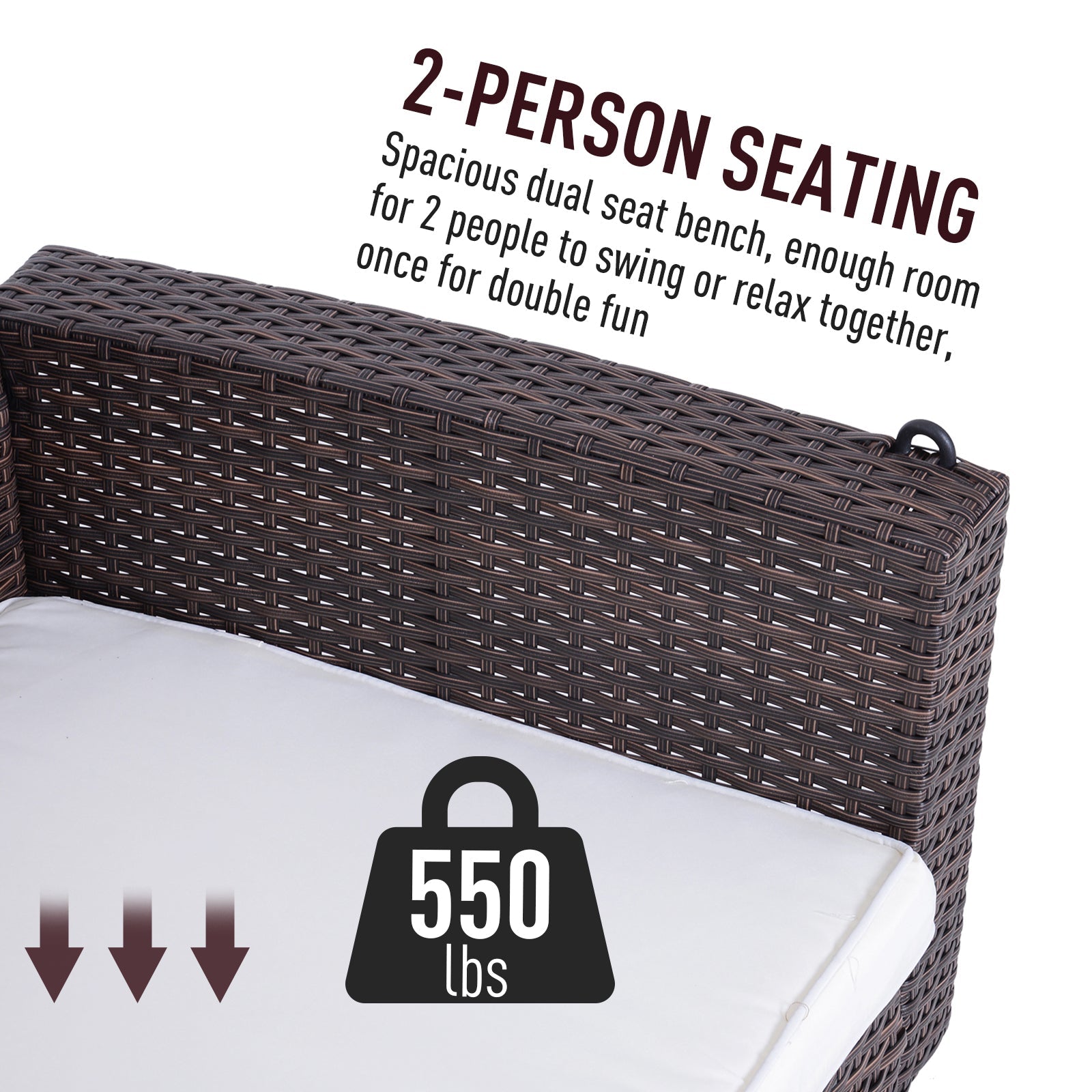 Outsunny Wicker Porch Swing Chair 2-Person Garden Hanging Bench Cushion Outdoor Rattan Double Hammock Sun Lounge White