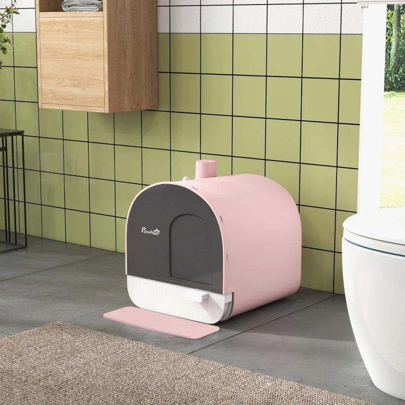 Cat Litter Box with Lid, Removable Tray, Scoop, Filter, Pink
