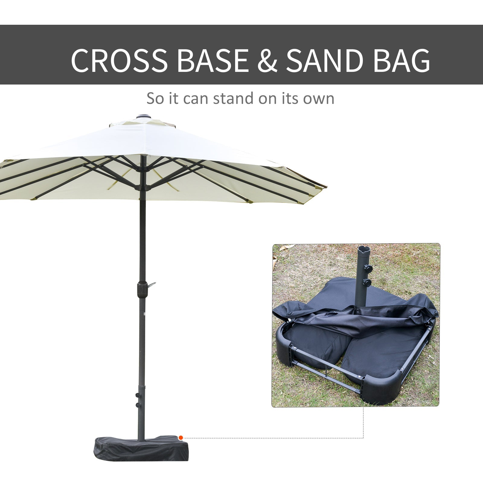 Outsunny 15' Double Canopy Patio Umbrella Sunshade Elegance: Lift Crank, Cross Base, Sandbag, Beige Hue