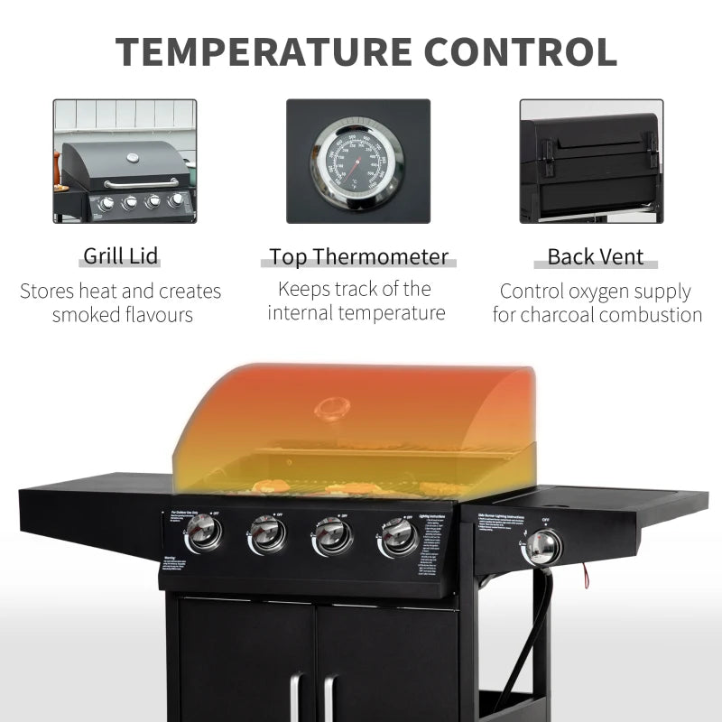 Outsunny 4+1 Burner Liquid Propane Gas Grill, Outdoor Portable BBQ Grill with Side Burner, Warming Rack, Side Shelf