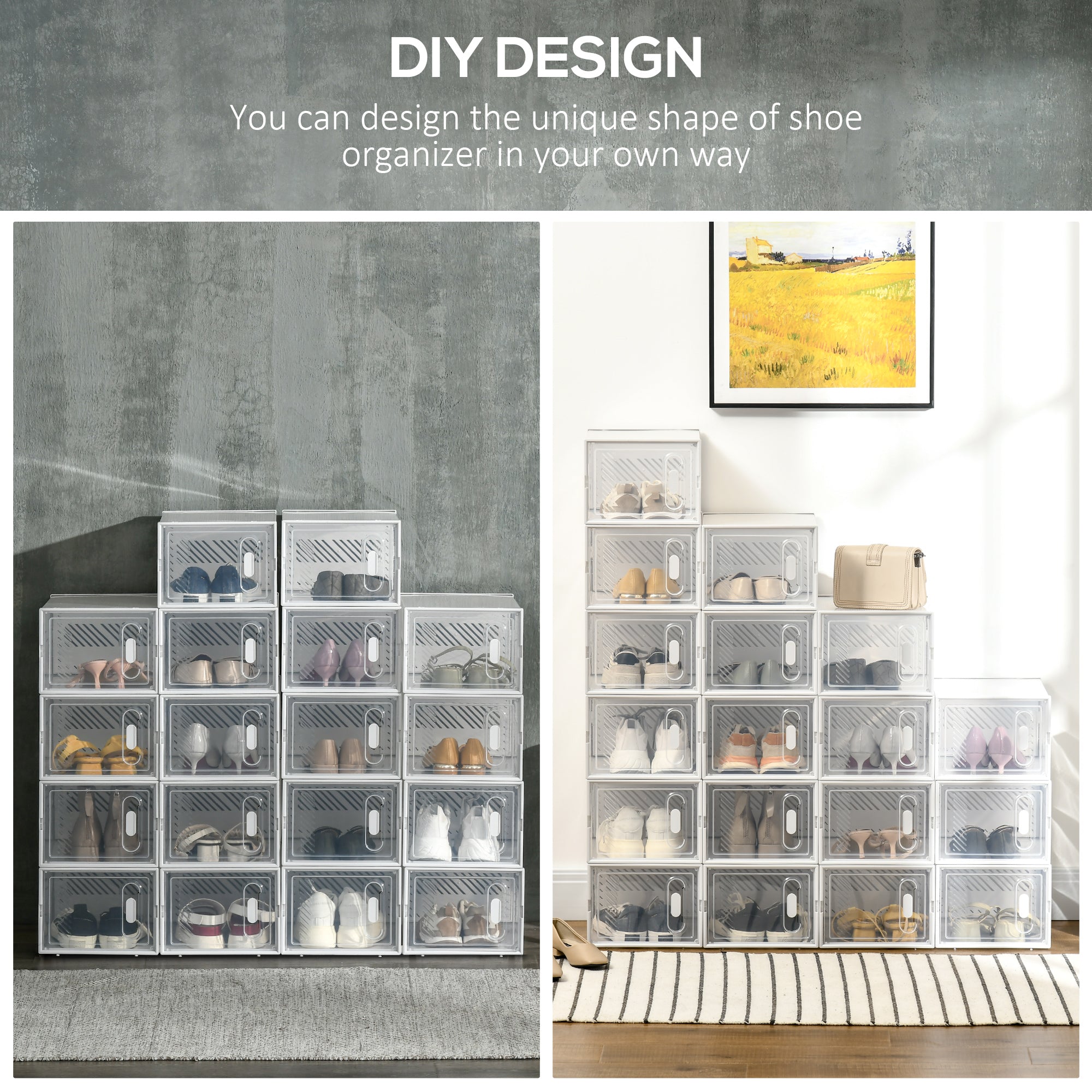 HOMCOM 18-Cube Stackable Shoe Storage Organizer Modular Shoe Cabinet for Entryway Clear and White