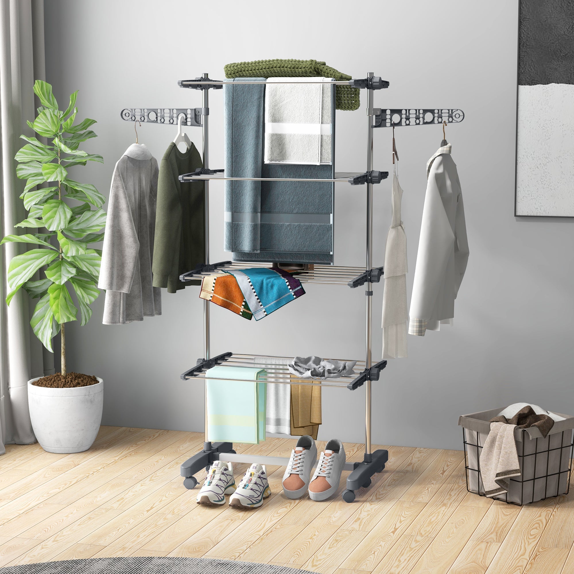 HOMCOM Laundry Rack Drying 4-Tier Stainless Steel Foldable Clothes Airer with Side Wings 6 Castors Grey