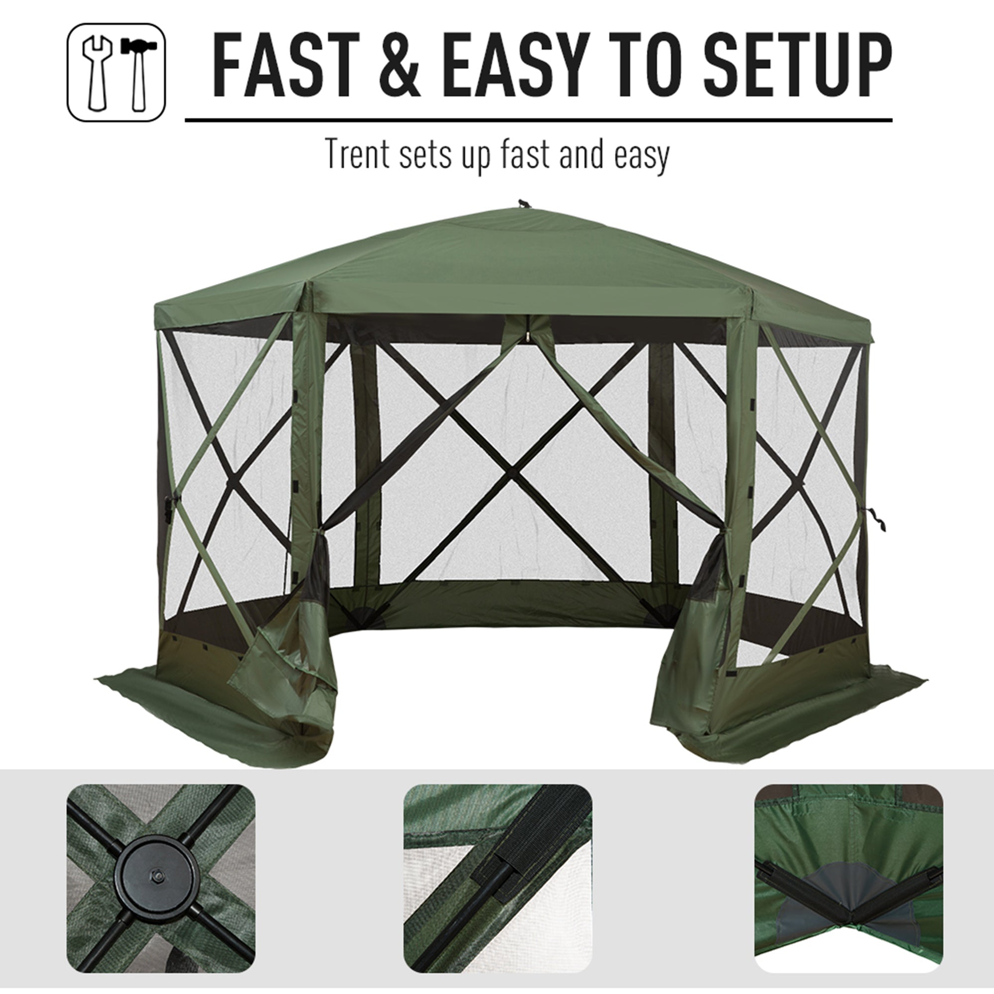 Outsunny 12x12 Pop Up Canopy Tent, Screened Gazebo with Mesh Sidewalls, Carry Bag for Camping & Outdoor Dining, Green