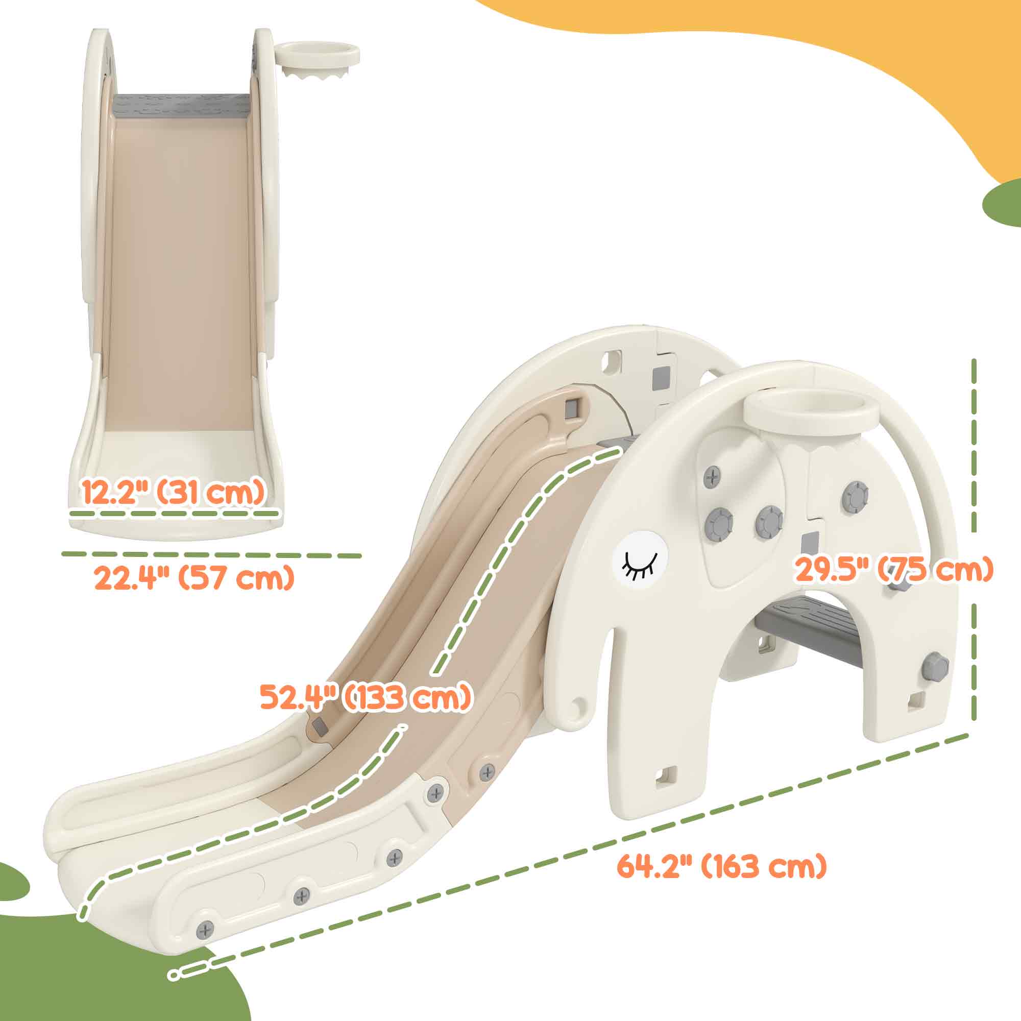 Qaba 3 in 1 Toddler Slide with Basketball Hoop, Climber, for 1-3 Years Old, Elephant-themed