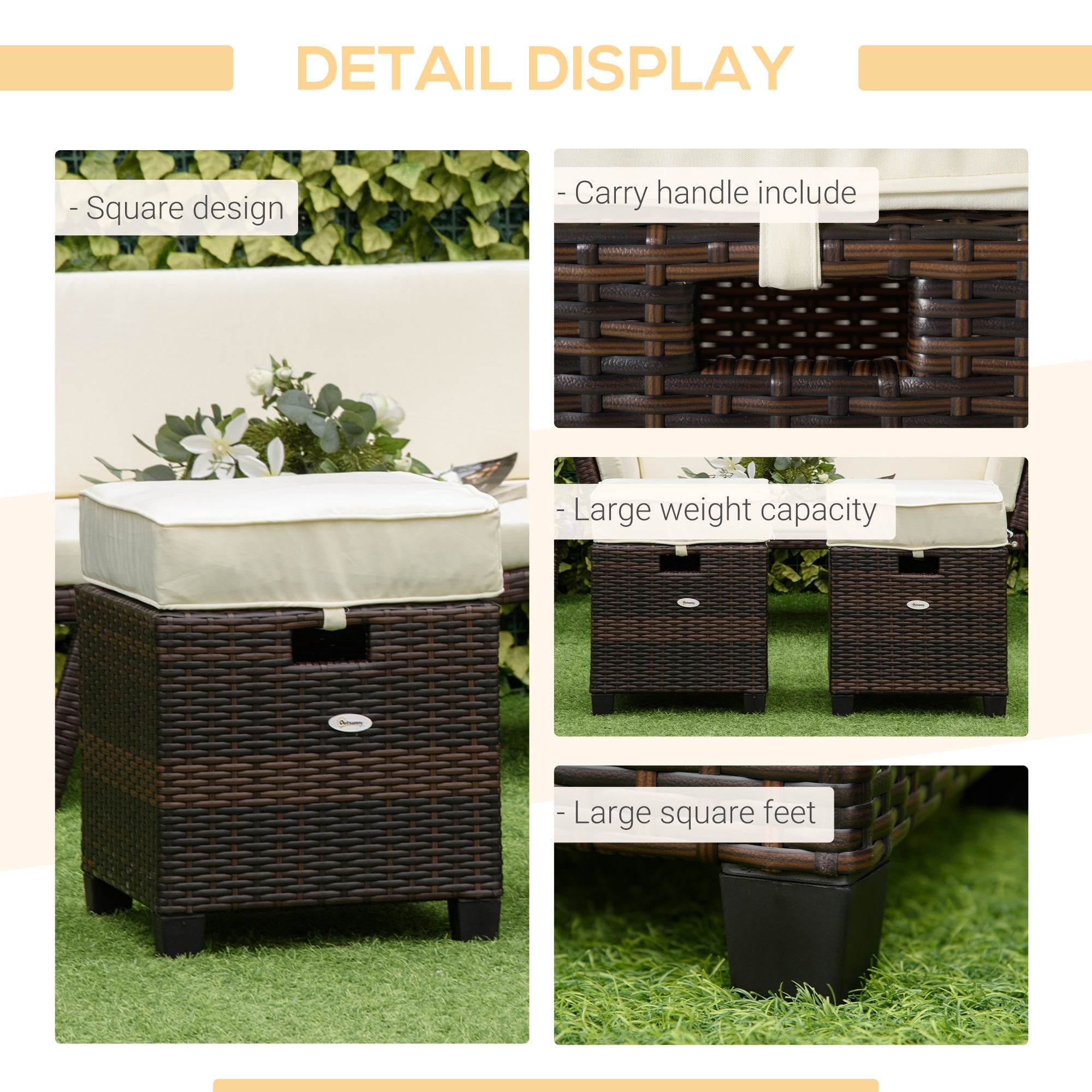 Outsunny Rattan Ottoman Set 2 Cushions Steel Frame Outdoor Footrest Patio Garden Furniture Brown