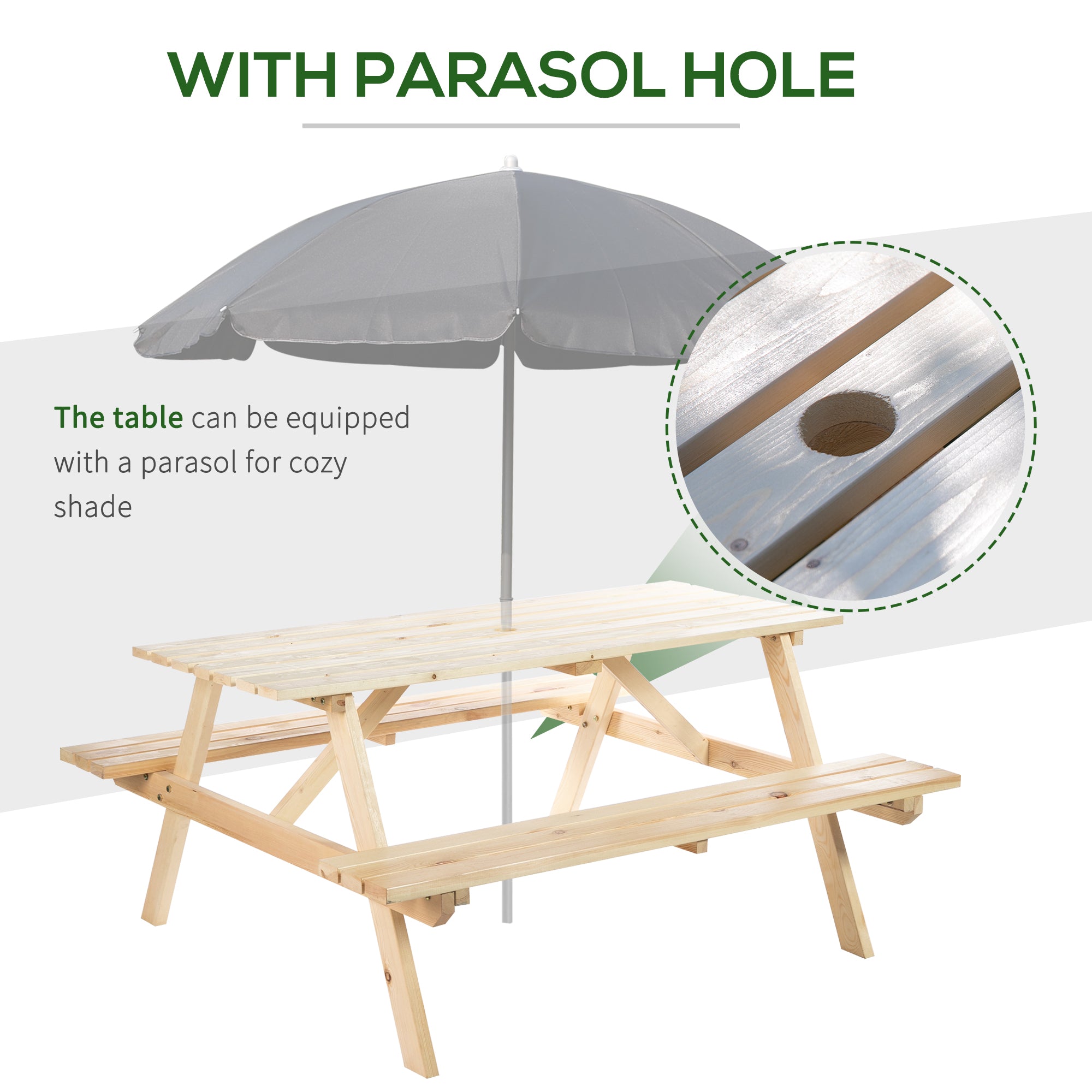 Outsunny Wood Picnic Table, Camping Table and Bench Set with Umbrella Hole for Outdoor, Garden, Patio, Backyard, Natural