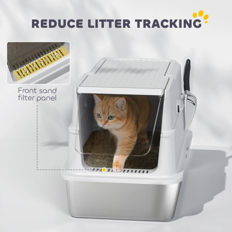 XL Stainless Steel Cat Litter Box for Big Cats with Flip Top, Scoop, Easy Clean & No Odors, Non-Sticky