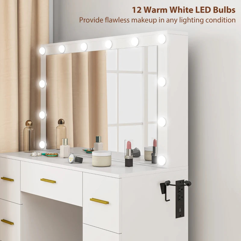 Makeup Vanity Table with Lights, Dressing Table with 7 Drawers, 6 Hidden Sliding Storage Compartments, White