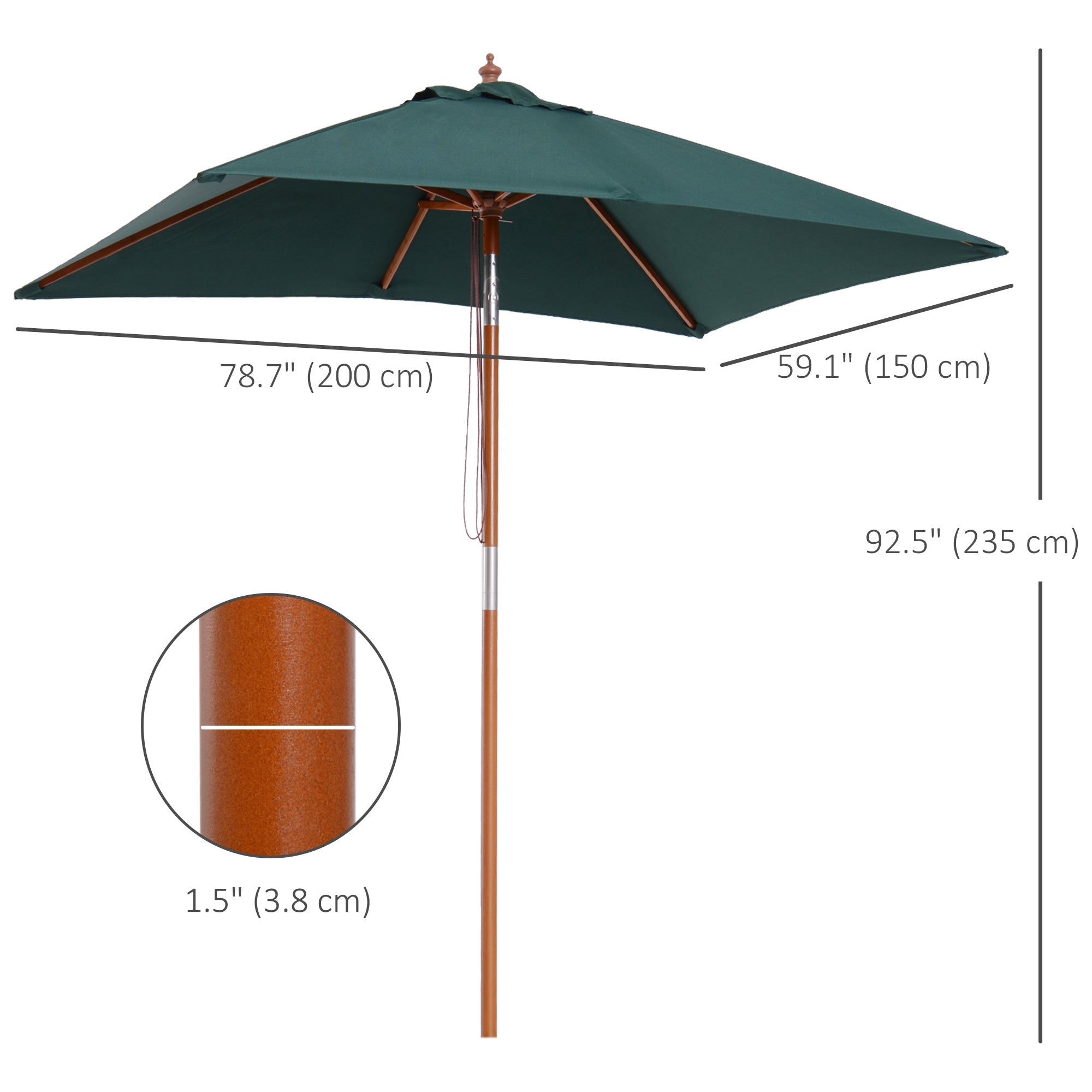 Outsunny Square Wooden Patio Umbrella: 6.6x5ft Tilt Mechanism with 6 Bamboo Ribs Sunshade, Green