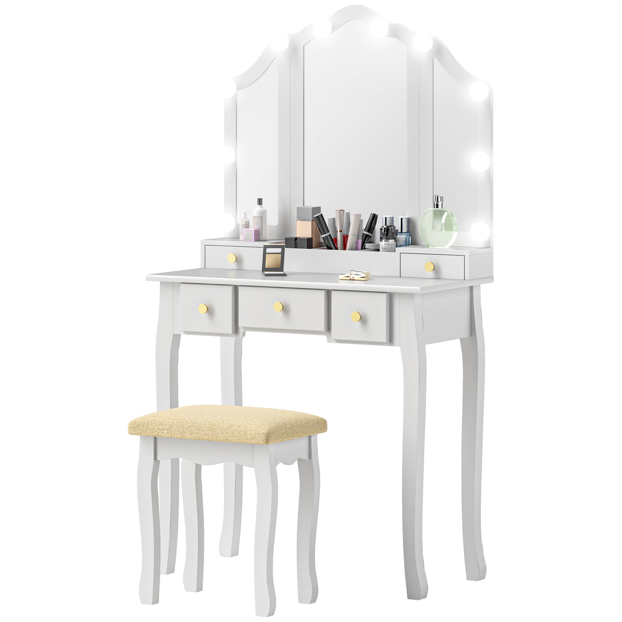 HOMCOM Makeup Vanity Desk with Mirror and Stool, Vanity Set with 10 LED Lights, 5 Drawers and 3 Compartments, White