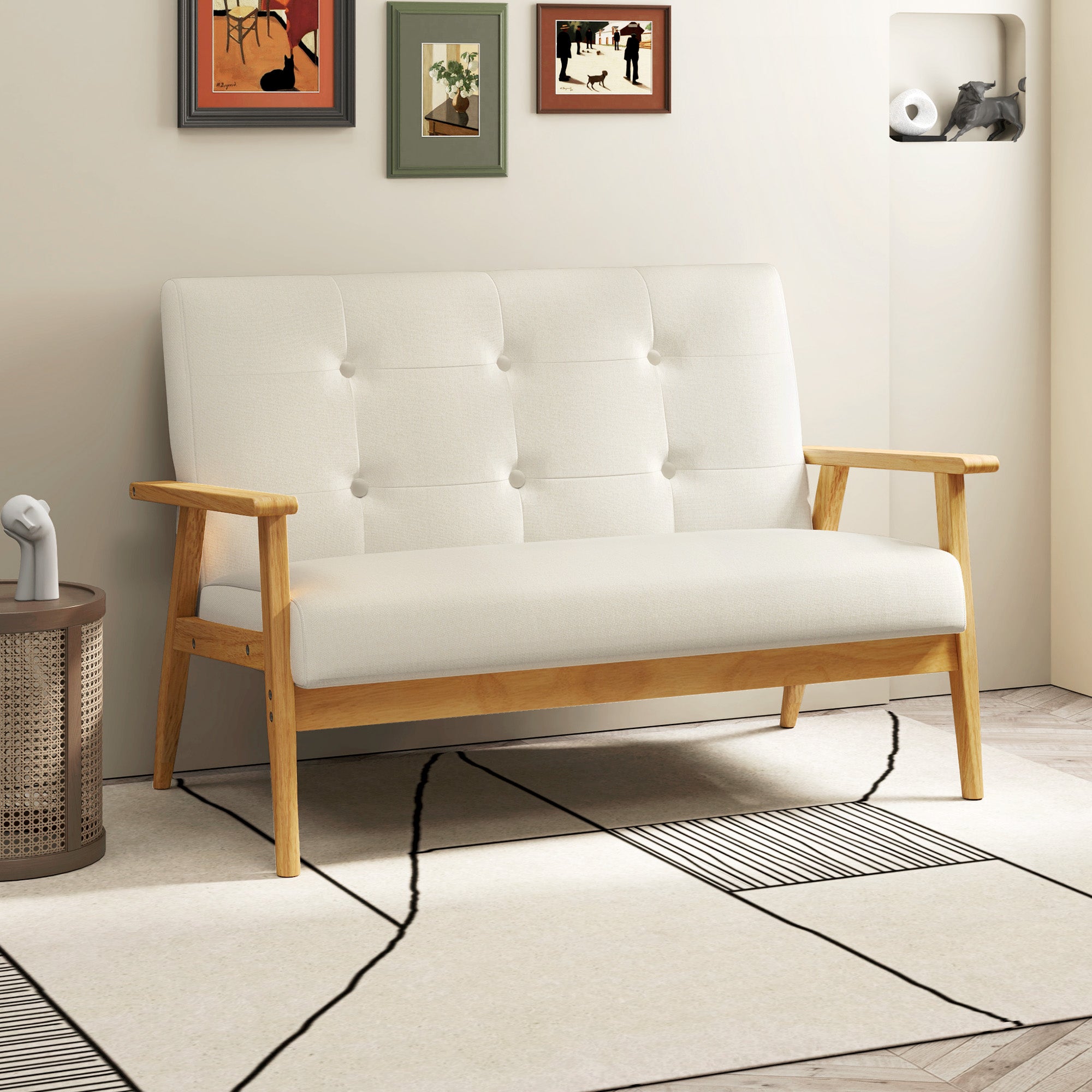 HOMCOM 45" 2 Seat Sofa, Upholstered Two Seater Couch with Rubber Wood Legs for Bedroom, Living Room, Beige