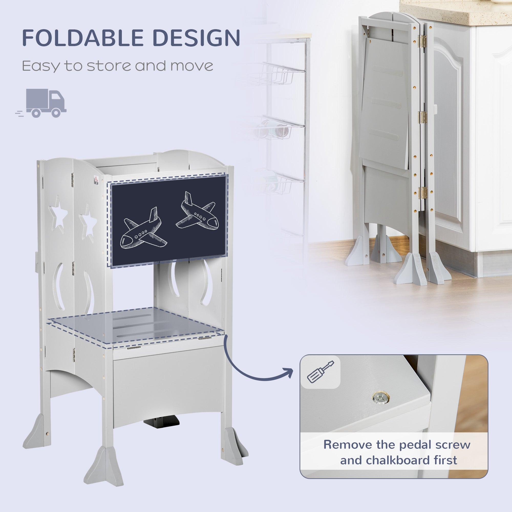 Qaba Foldable Kids Kitchen Helper Stool with Blackboard & Lockable Handrail for Ages 3-6 in Grey